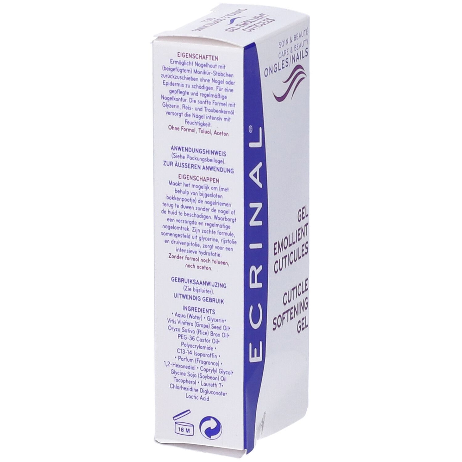 Scatola Ecrinal Gel Anticuticole. Bianco, blu e viola. Testo: Gel Emolliente Anti Cuticole.