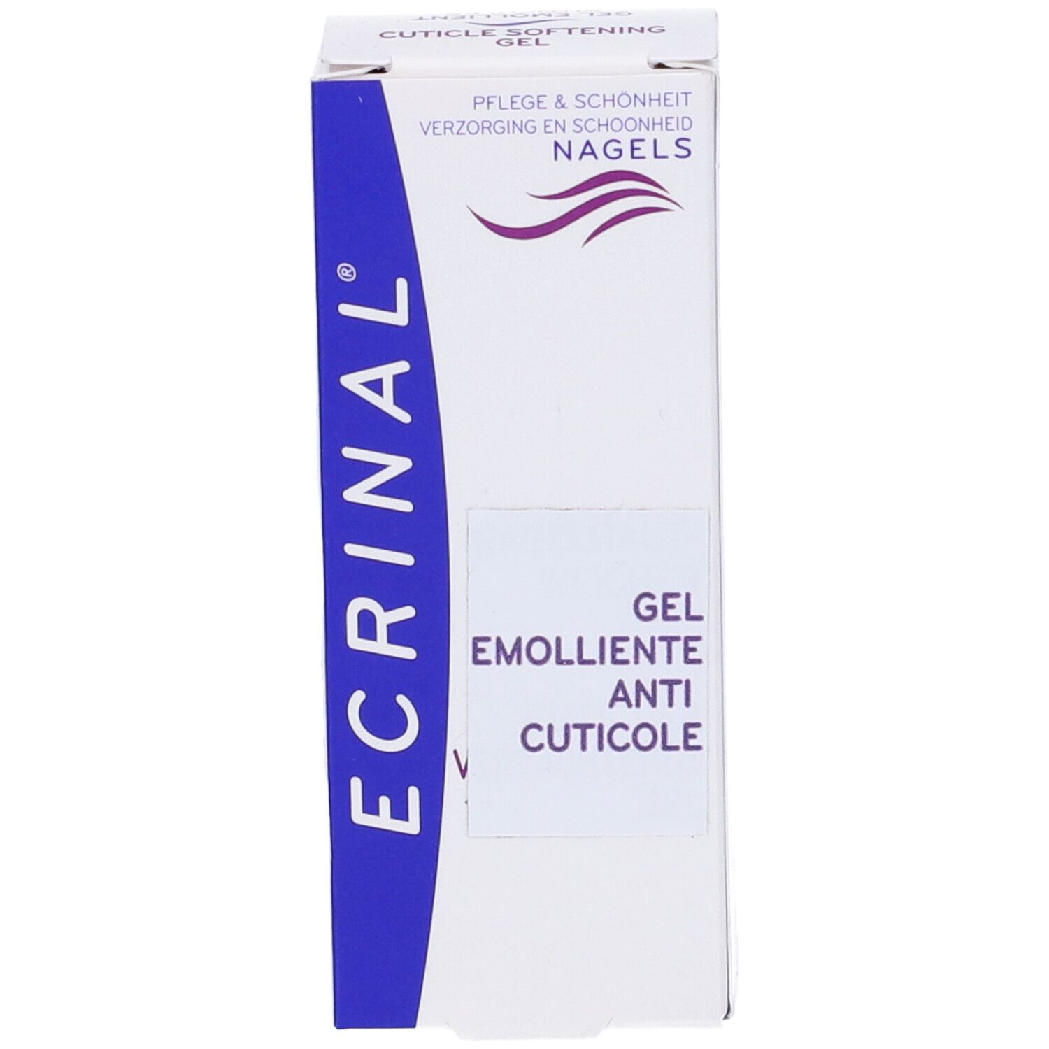 Scatola Ecrinal Gel Anticuticole. Bianco, blu e viola. Testo: Gel Emolliente Anti Cuticole.