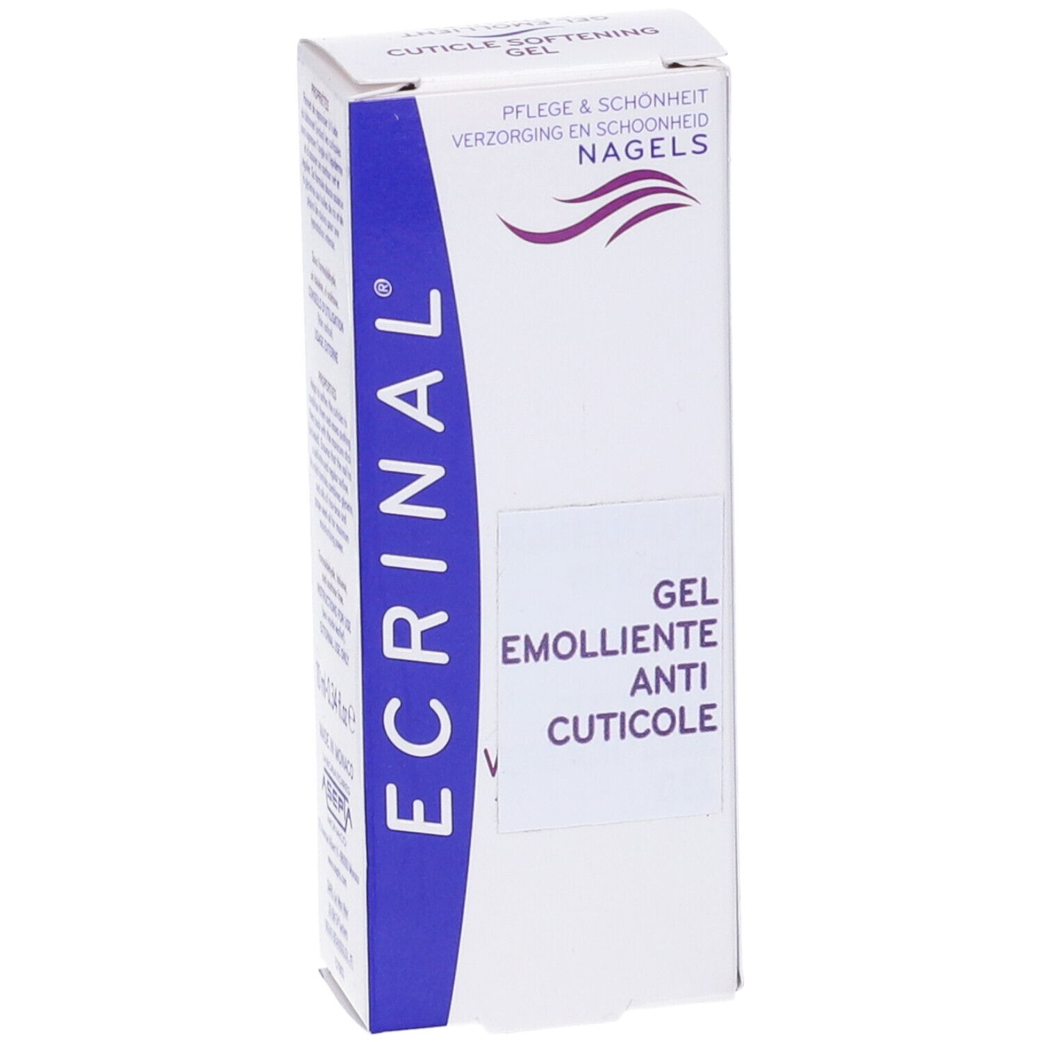 Scatola Ecrinal Gel Anticuticole. Bianco, blu e viola. Testo: Gel Emolliente Anti Cuticole.