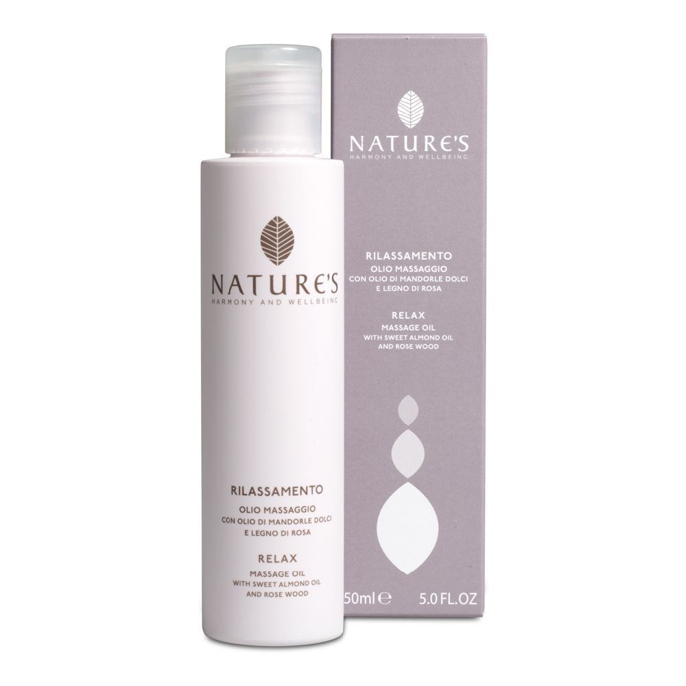 Flacone e confezione Nature's. Scritta: Rilassamento, Relax, olio per massaggi.