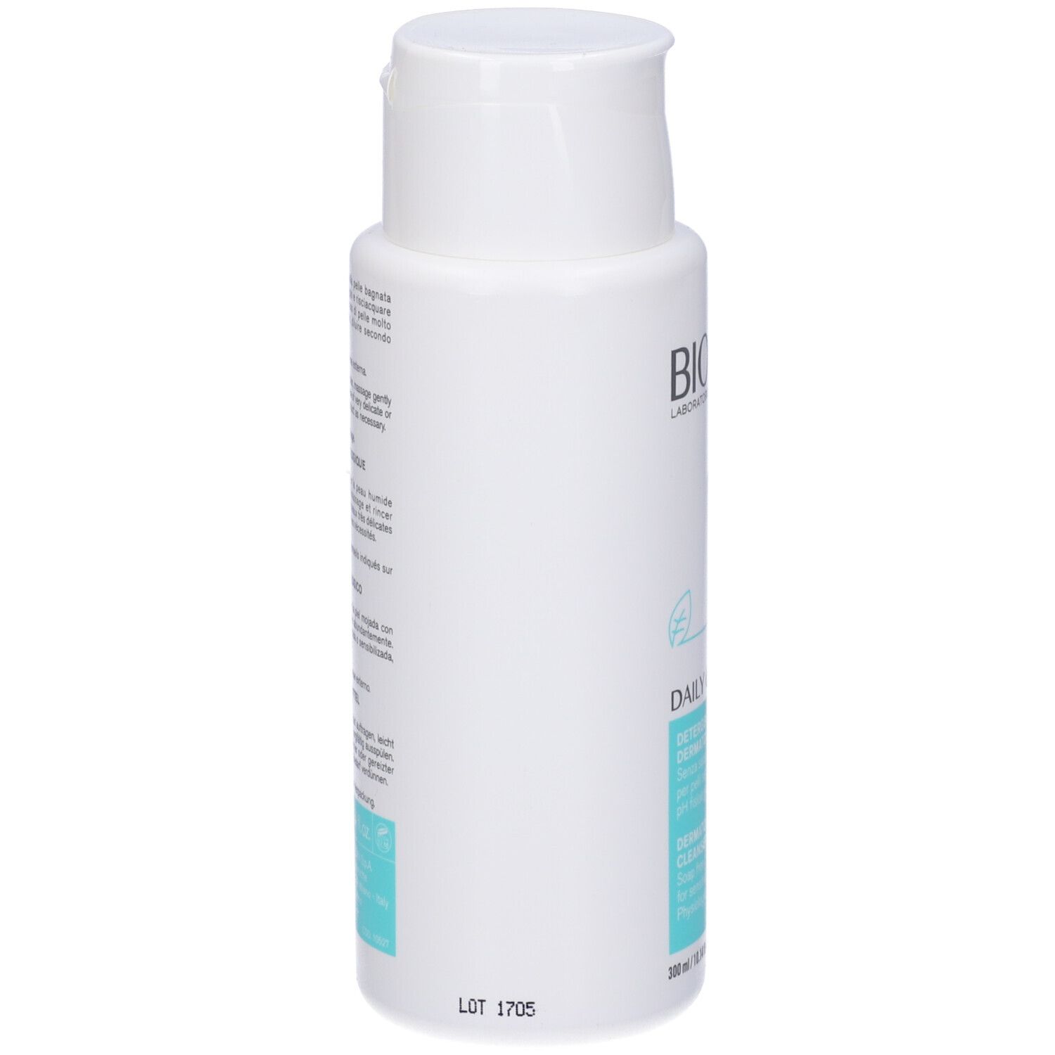 Flacone bianco con tappo a ribalta. Scritta: Bioclin Light Daily Cleanser. Rettangolo turchese con testo. Retro.