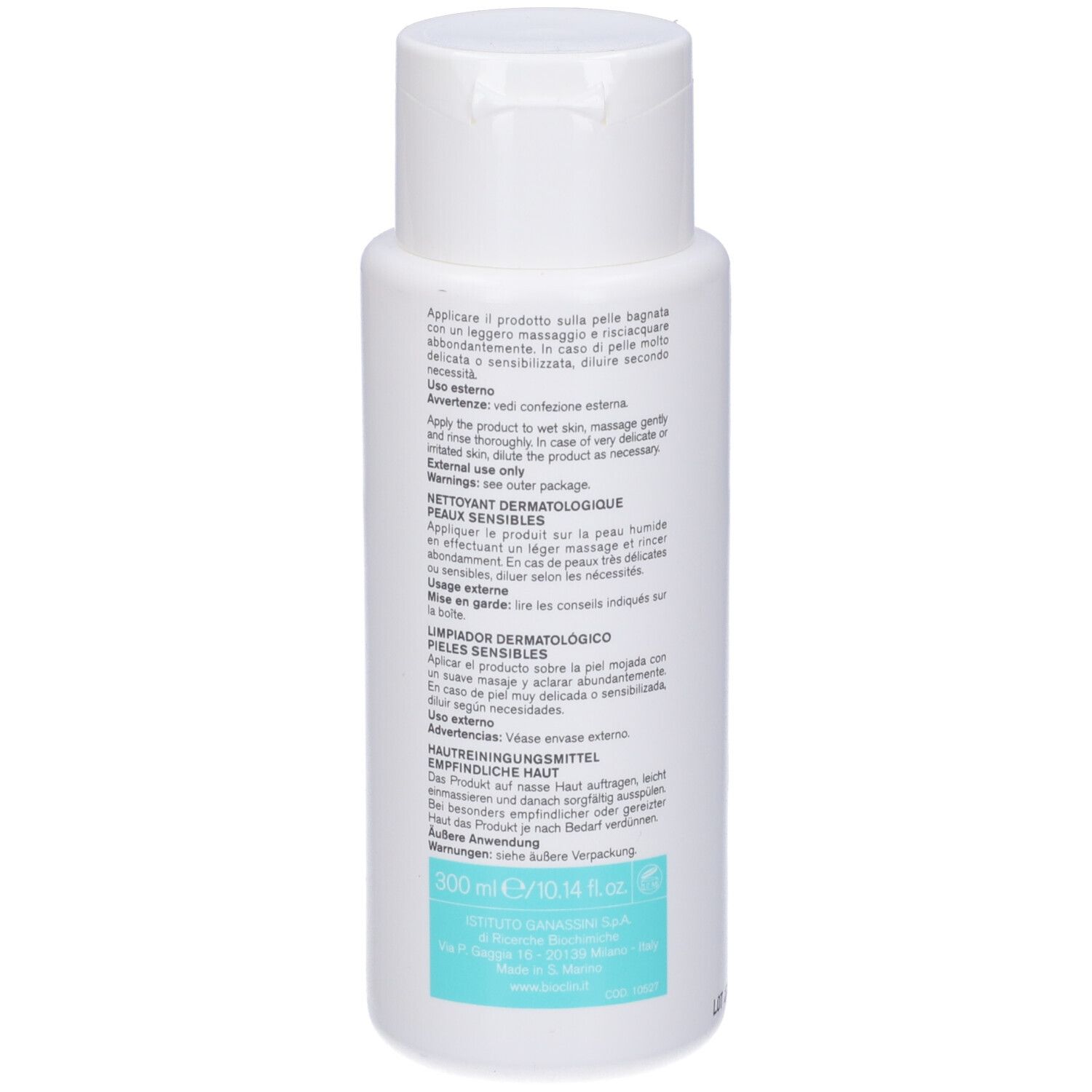 Flacone bianco con tappo a ribalta. Scritta: Bioclin Light Daily Cleanser. Rettangolo turchese con testo. Retro.