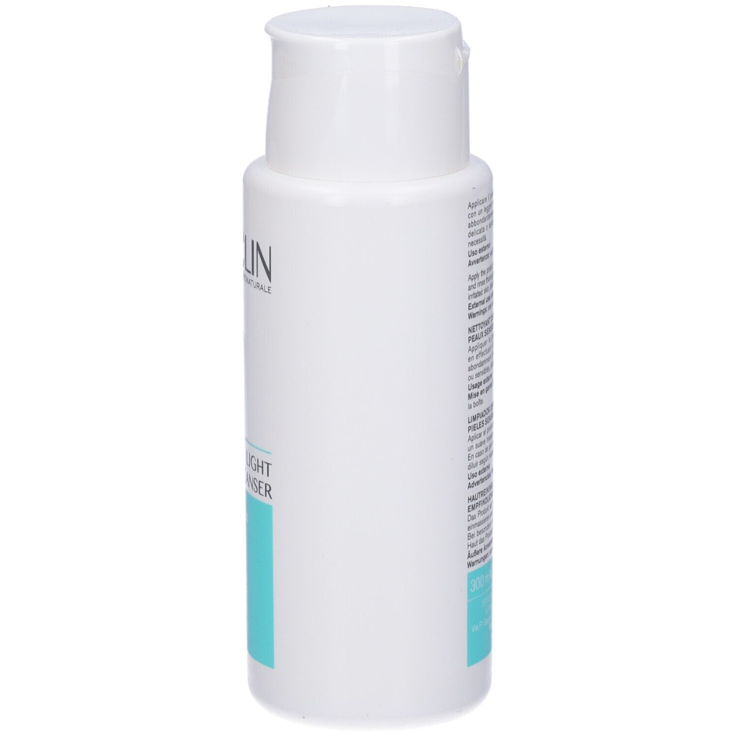 Flacone bianco con tappo a ribalta. Scritta: Bioclin Light Daily Cleanser. Rettangolo turchese con testo. Lato.
