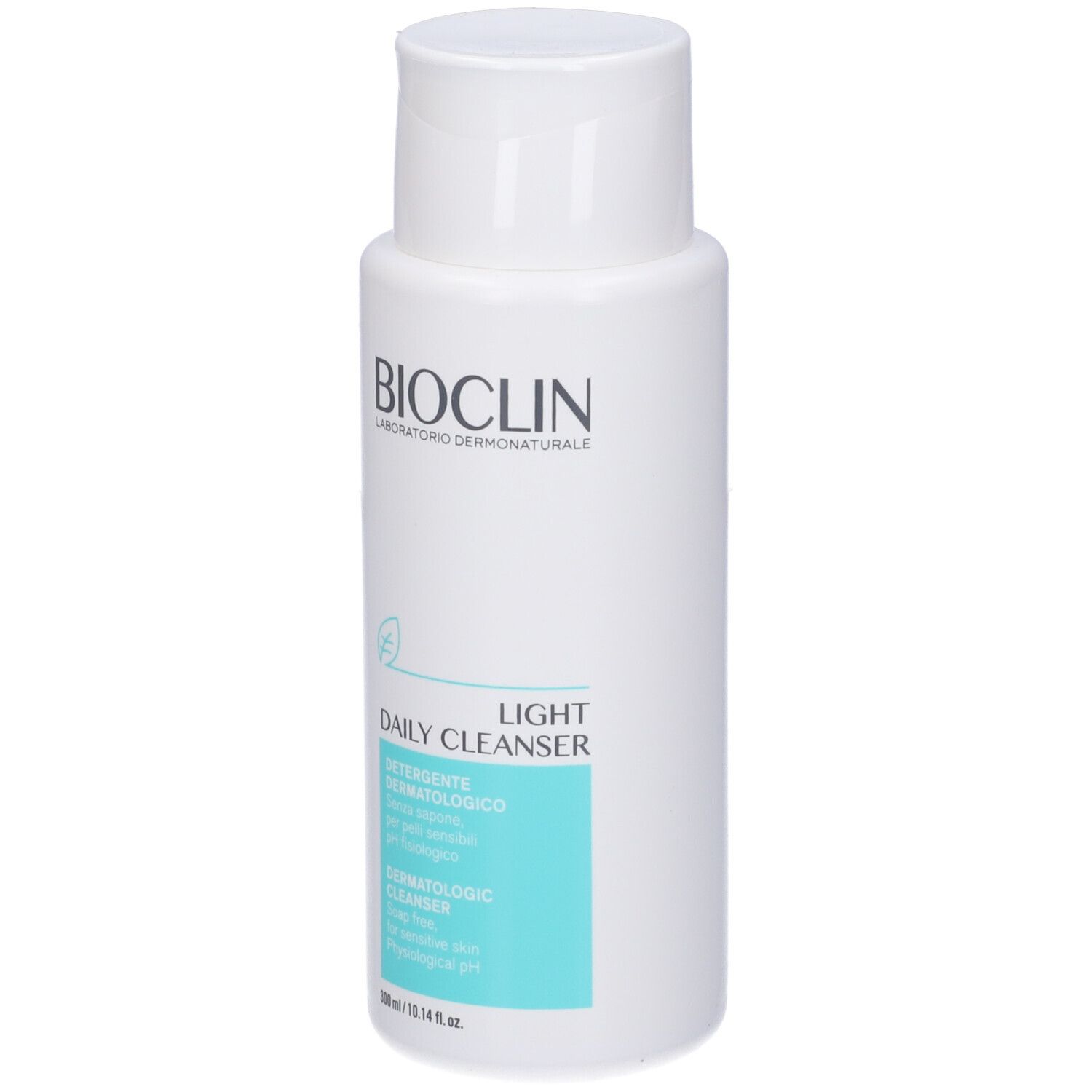 Flacone bianco con tappo a ribalta. Scritta: Bioclin Light Daily Cleanser. Rettangolo turchese con testo. Lato.