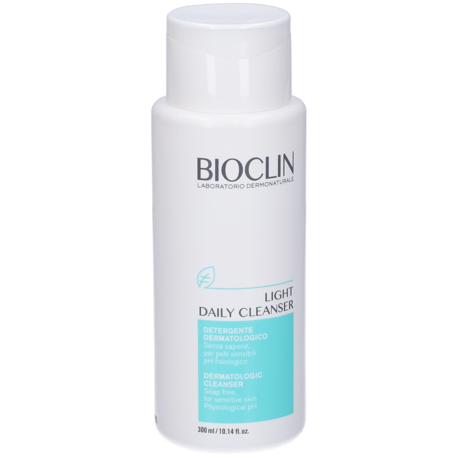 Flacone bianco con tappo a ribalta. Scritta: Bioclin Light Daily Cleanser. Rettangolo turchese con testo. Lato.