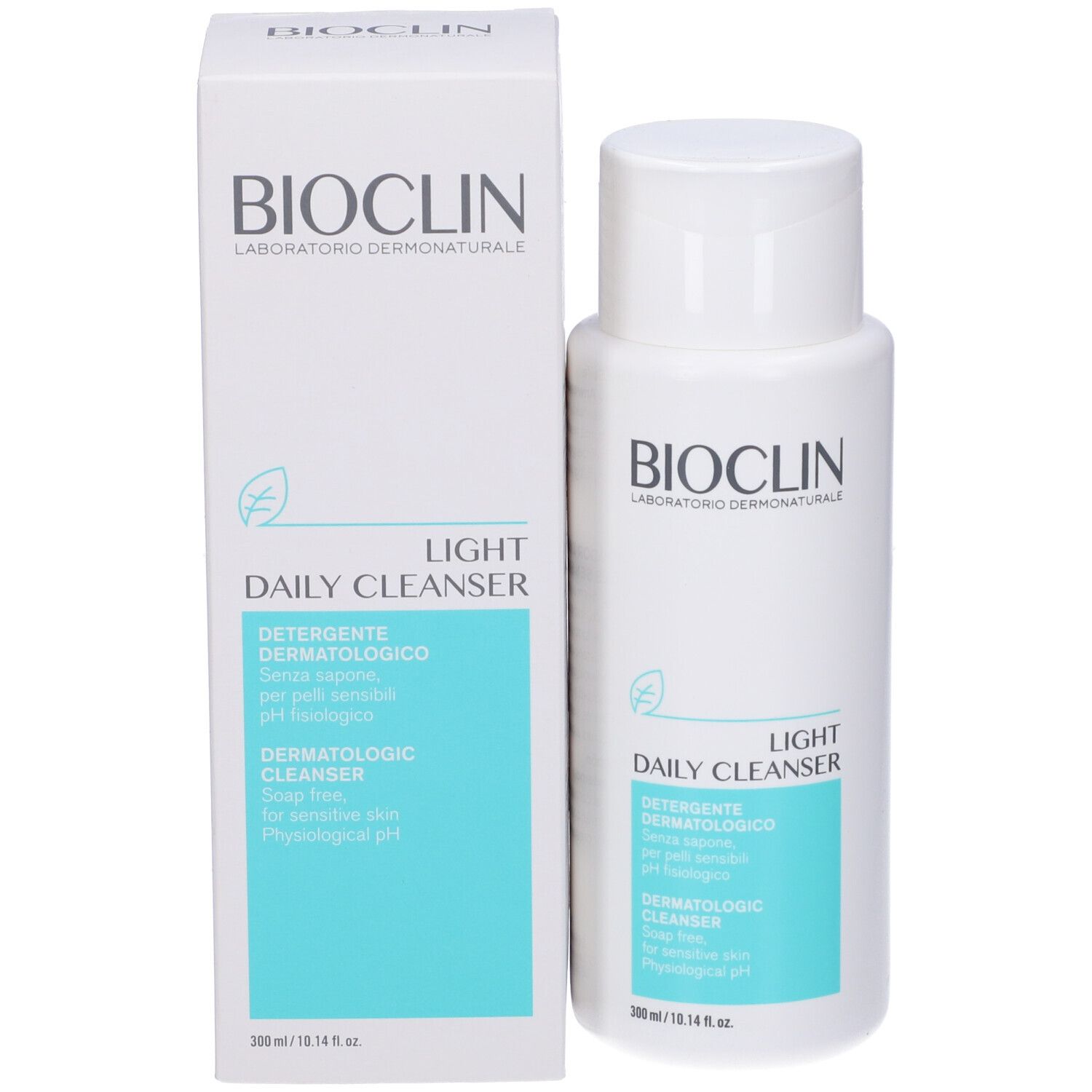 Confezione del prodotto: flacone e scatola. Scritta: Bioclin Light Daily Cleanser. Rettangolo turchese con testo.