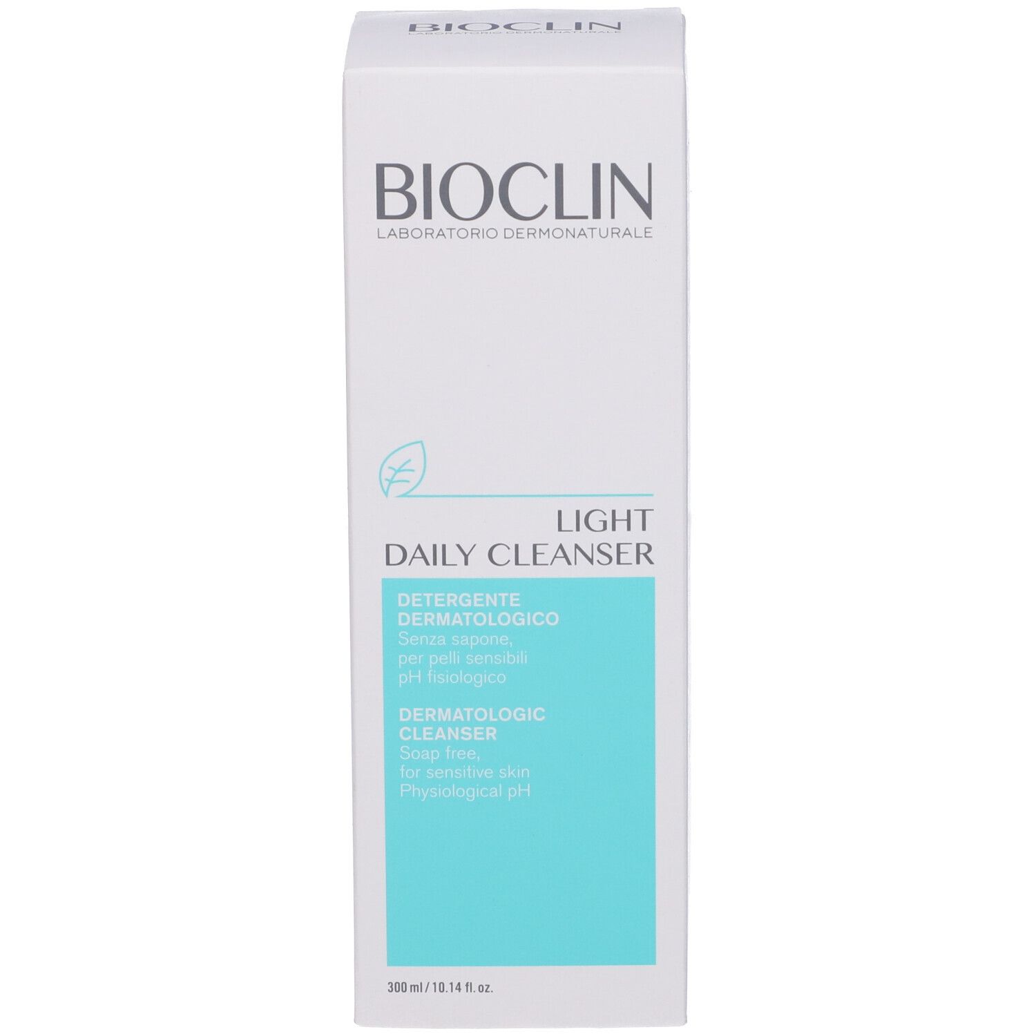 Confezione in cartone. Scritta: Bioclin Light Daily Cleanser. Rettangolo turchese con testo.