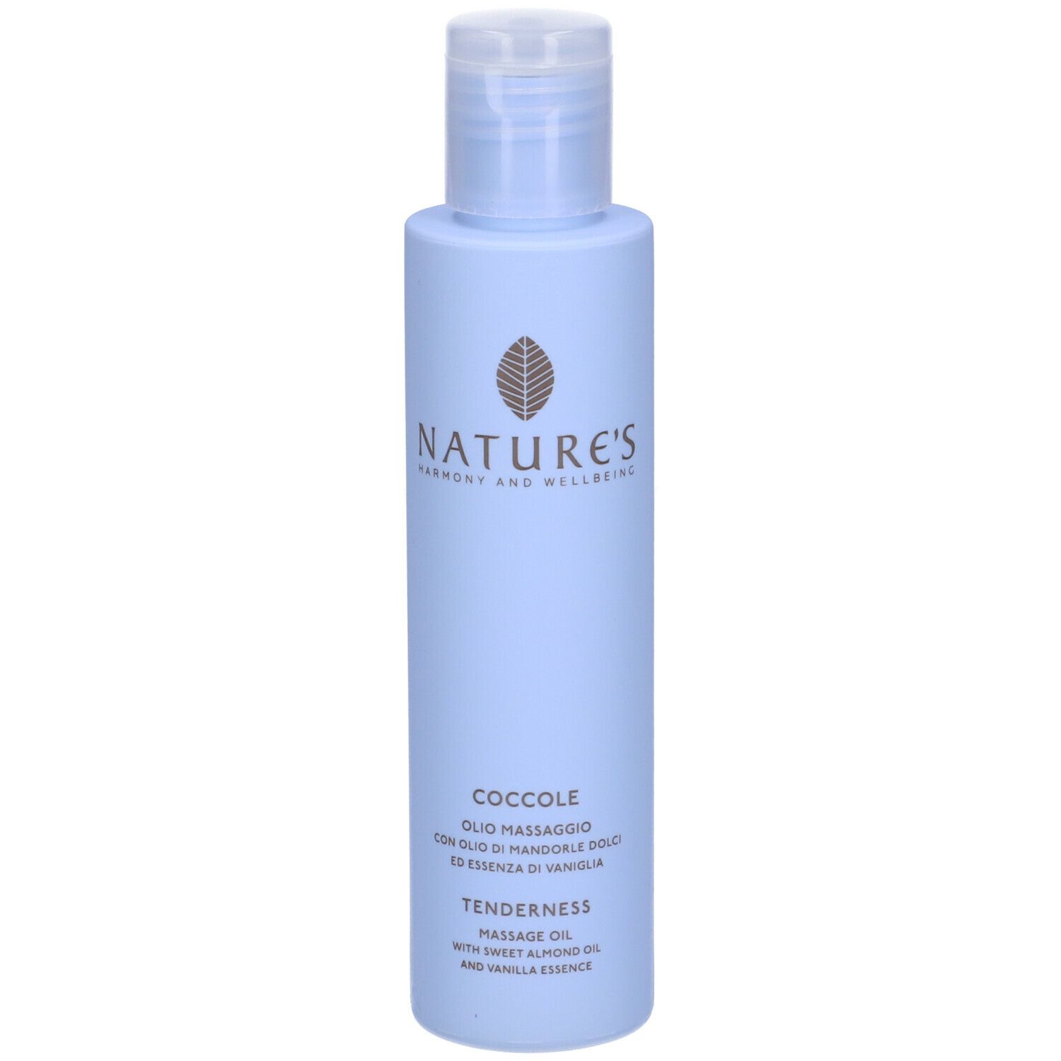 Flacone azzurro con tappo bianco. Scritte: NATURE'S, Coccole, Olio Massaggio, Tenderness.
