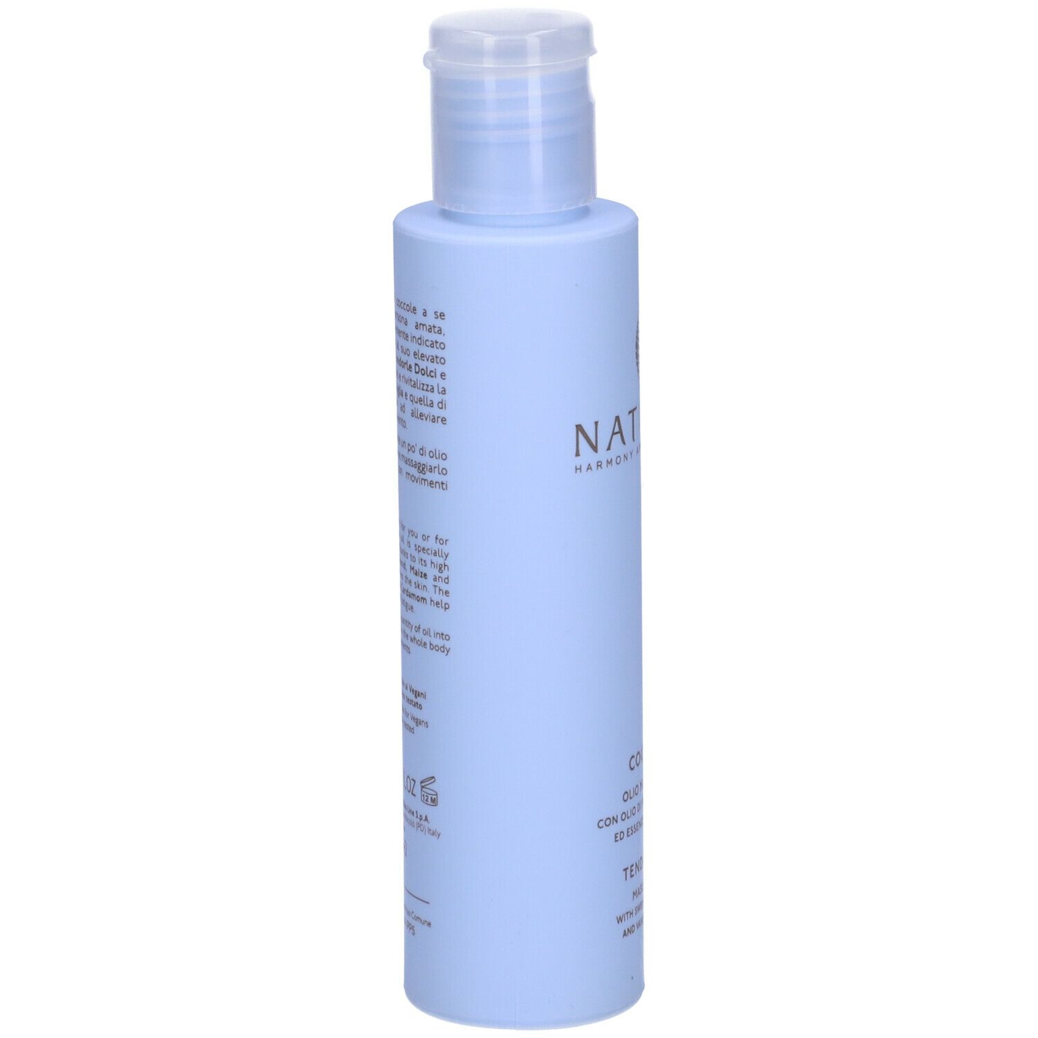 Flacone azzurro con tappo bianco. Testo in italiano. Logo NATURE'S e nome del prodotto.