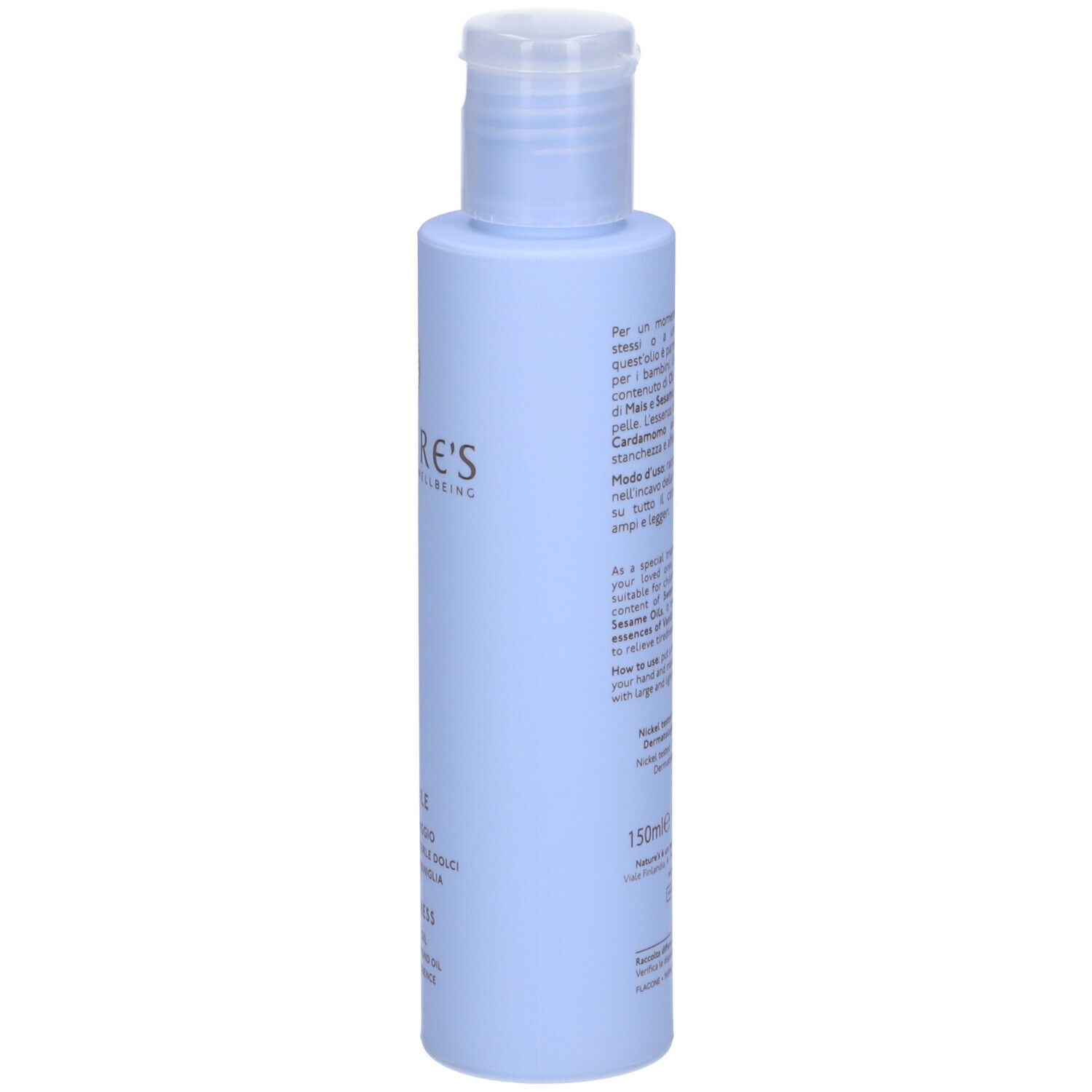 Flacone azzurro con tappo bianco. Testo in italiano. Informazioni sul prodotto e ingredienti.