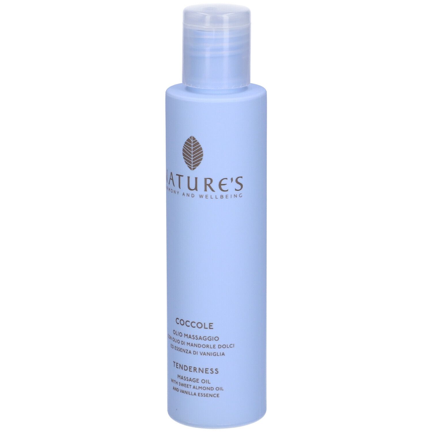 Flacone azzurro con tappo bianco. Scritte: NATURE'S, Coccole, Olio Massaggio, Tenderness.