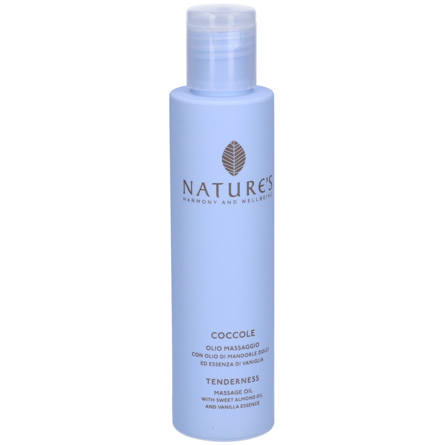 Flacone azzurro con tappo bianco. Scritte: NATURE'S, Coccole, Olio Massaggio, Tenderness.