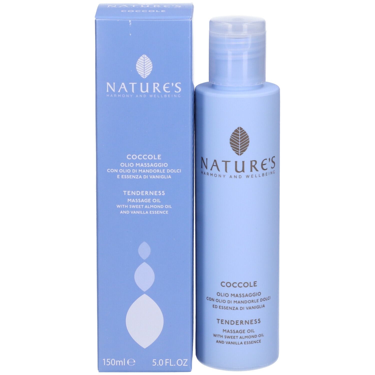 Flacone e scatola azzurri. Scritte: NATURE'S, Coccole, Olio Massaggio, Tenderness. 150ml.