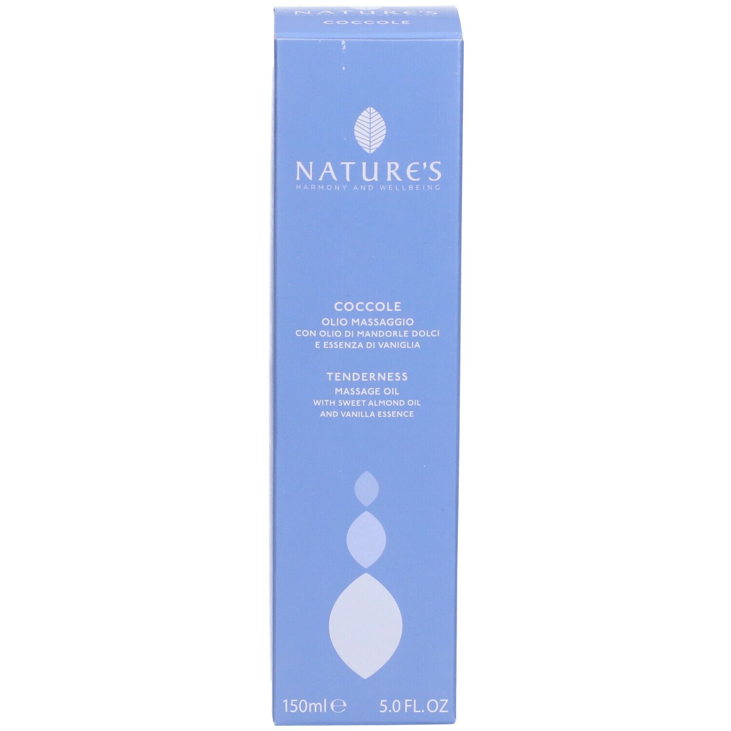 Scatola azzurra. Scritte: NATURE'S, Coccole, Olio Massaggio, Tenderness. 150ml.