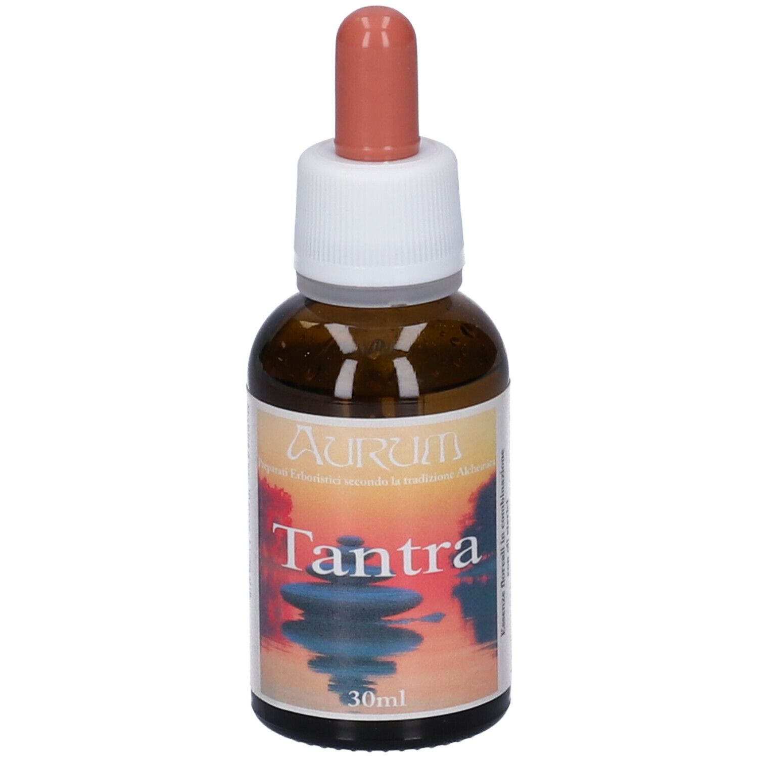 Flacone di vetro marrone con contagocce. Etichetta con nome Tantra e 30ml.