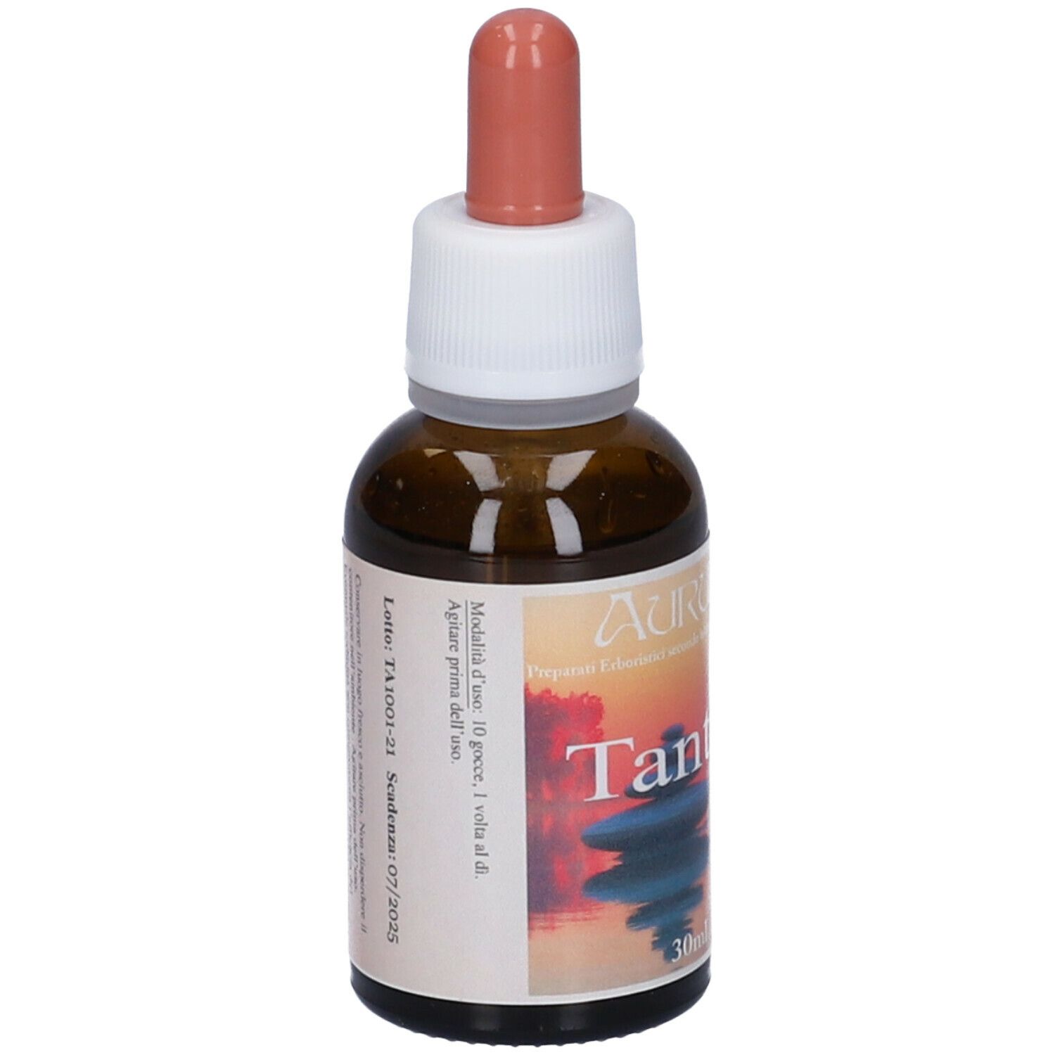 Flacone di vetro marrone con contagocce. Etichetta con nome Tantra e 30ml.