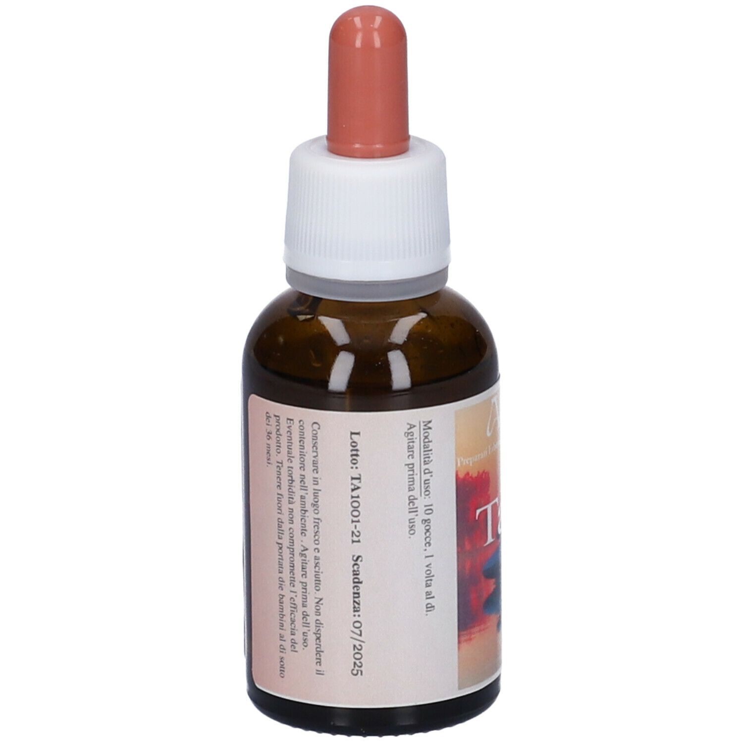 Flacone di vetro marrone con contagocce. Etichetta con nome Tantra e 30ml.