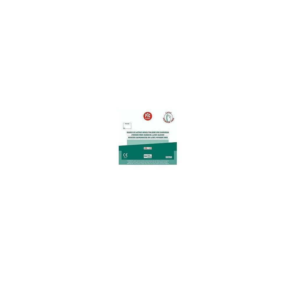 Confezione di guanti medicali. Scatola verde e bianca con testo e loghi. Marchio CE e marchi di qualità.