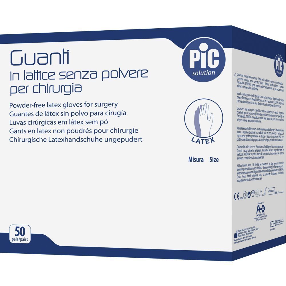 Scatola di guanti chirurgici in lattice. Testo: Guanti in lattice senza polvere per chirurgia. Marchio: PIC. 50 paia. Misura 8,5.