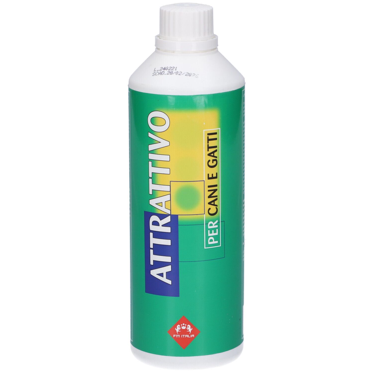 Flacone verde con tappo bianco. Scritta: ATTRATTIVO, PER CANI E GATTI. Logo rosso in basso.