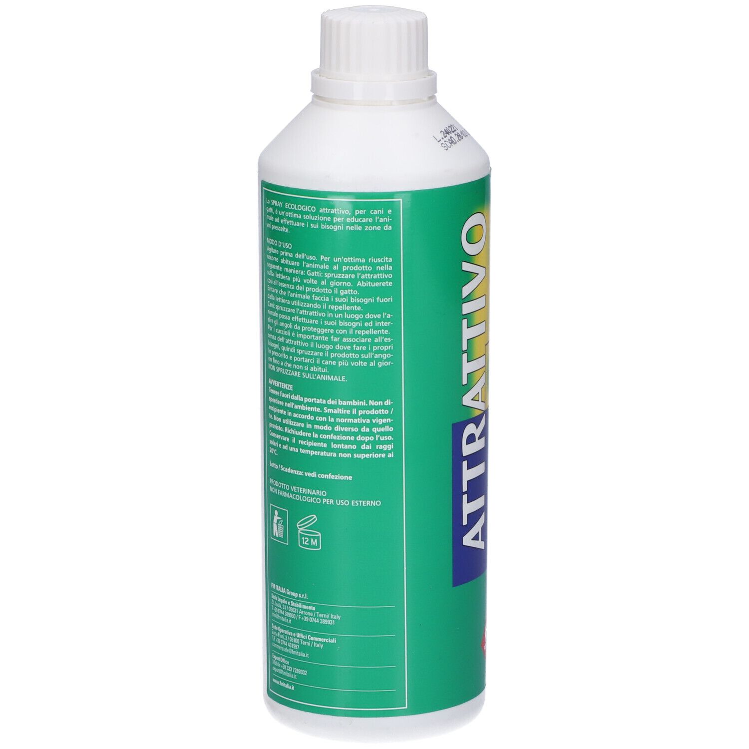 Flacone verde con tappo bianco. Testo in italiano. Scritta: ATTRATTIVO. Etichetta con informazioni.
