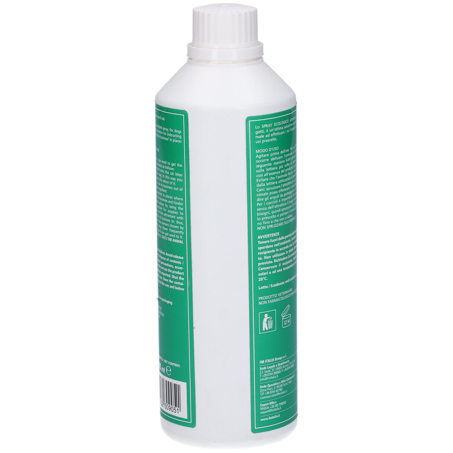 Flacone verde con tappo bianco. Testo in italiano. Etichetta con informazioni. Vista posteriore.