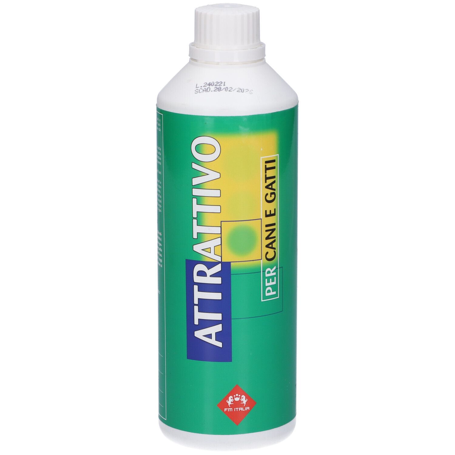 Flacone verde con tappo bianco. Scritta: ATTRATTIVO, PER CANI E GATTI. Logo rosso in basso.