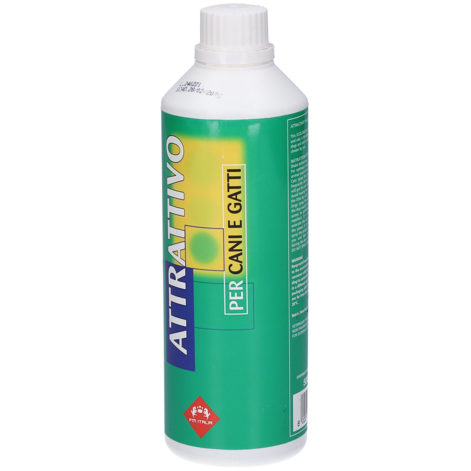 Flacone verde con tappo bianco. Scritta: ATTRATTIVO, PER CANI E GATTI. Logo rosso in basso.