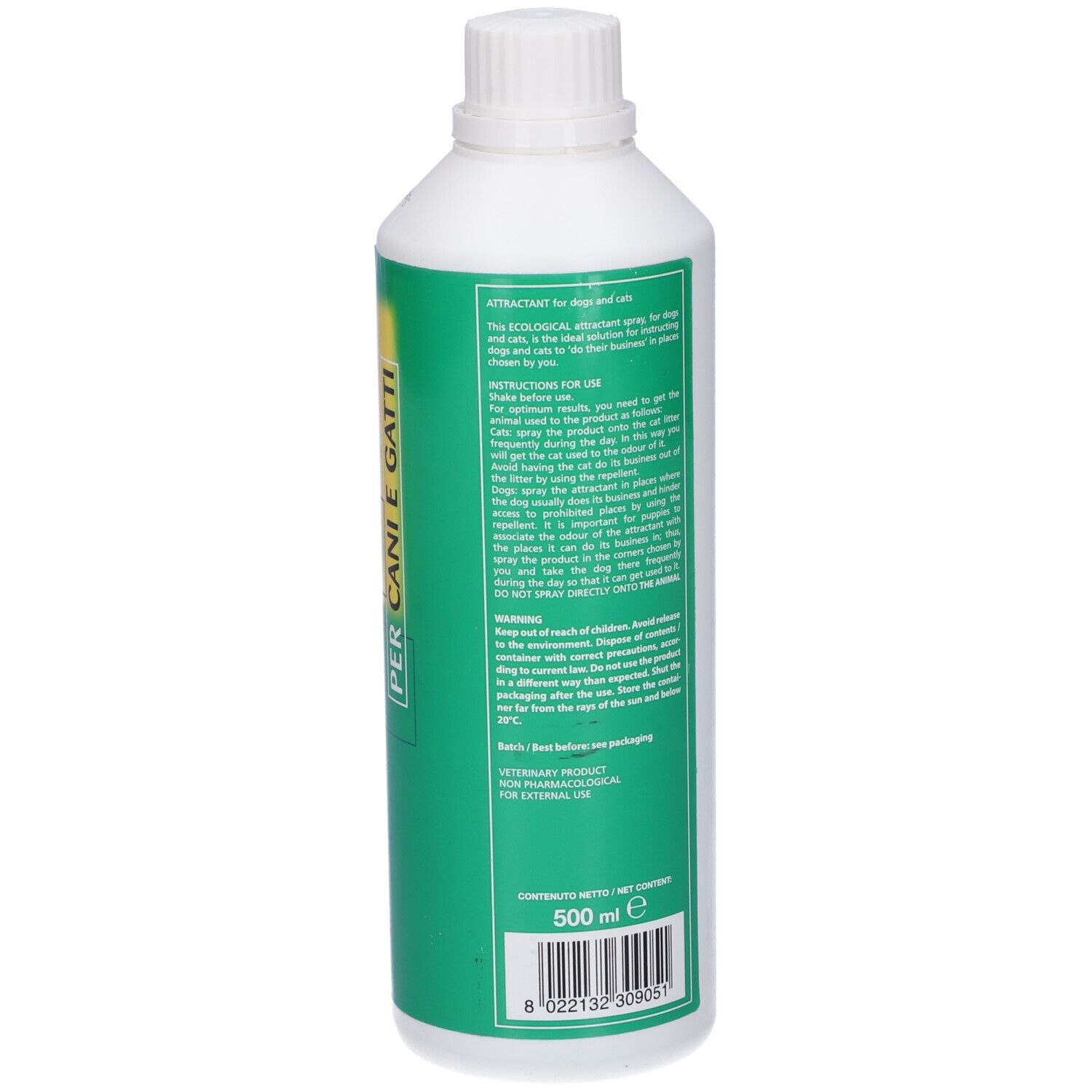 Flacone verde con tappo bianco. Testo in italiano. Scritta: PER CANI E GATTI. Volume: 500 ml.