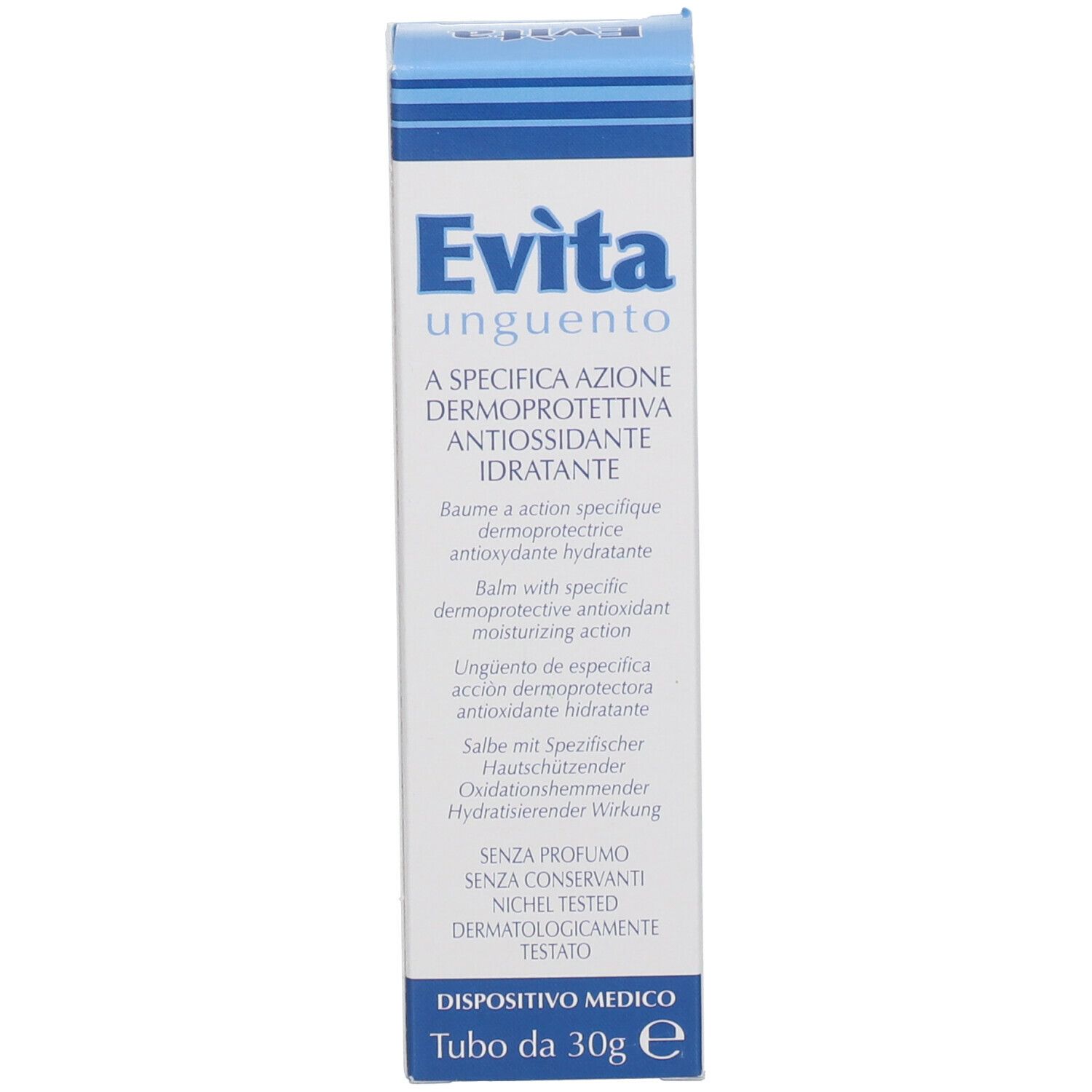Karton mit Produktinformationen. Blaue und weiße Farbgebung. Text in mehreren Sprachen. Produktname: Evita.