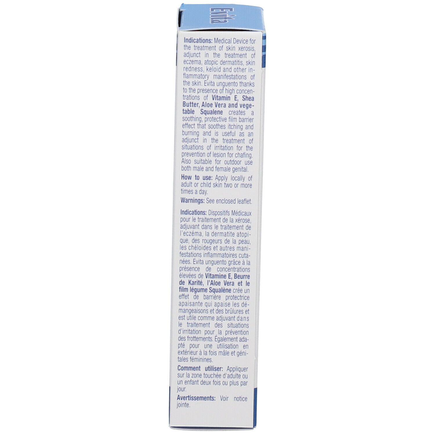 Rückseite der Produktverpackung. Text in mehreren Sprachen. Produktinformationen. Anwendungshinweise.