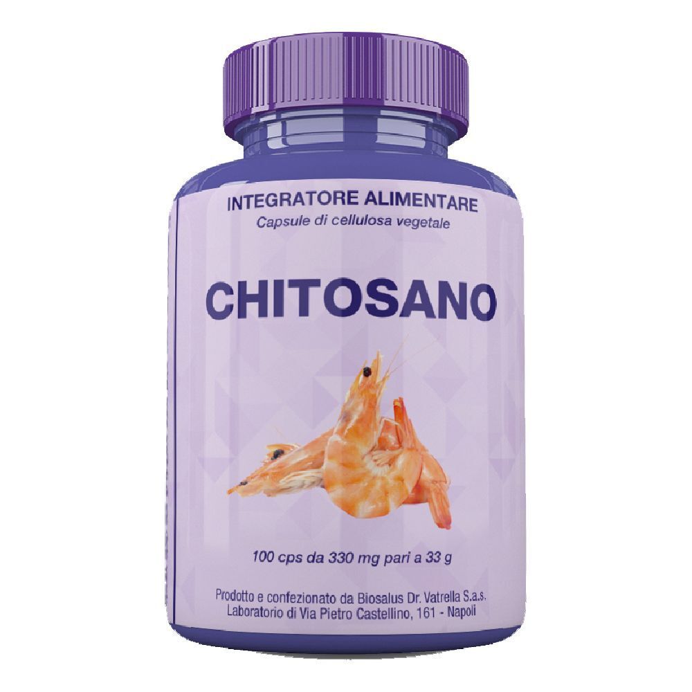 Flacone di capsule Chitosano. Scritta Chitosano, 100 capsule. Illustrazione di gamberi.