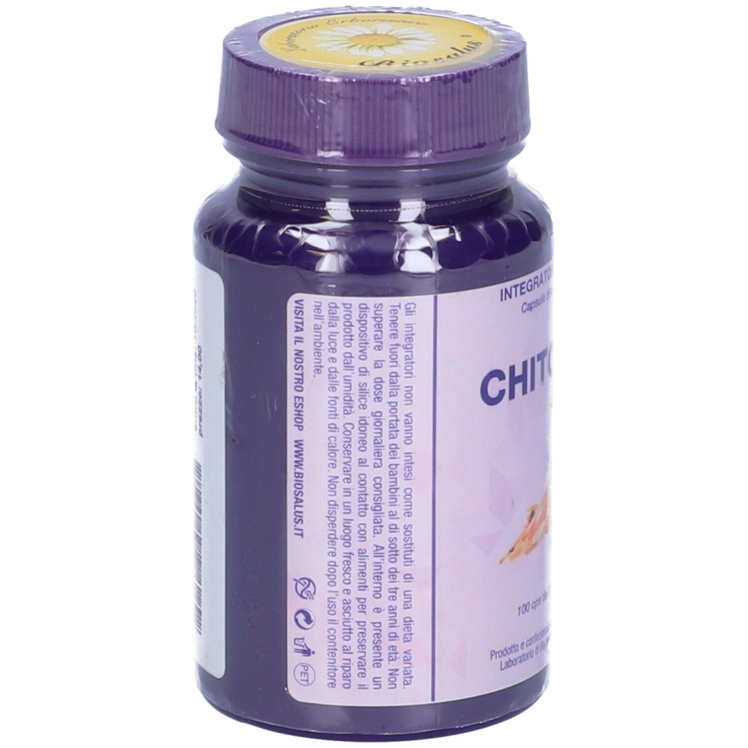 Flacone di capsule Chitosano. Retro con testo. Tappo e collo viola.