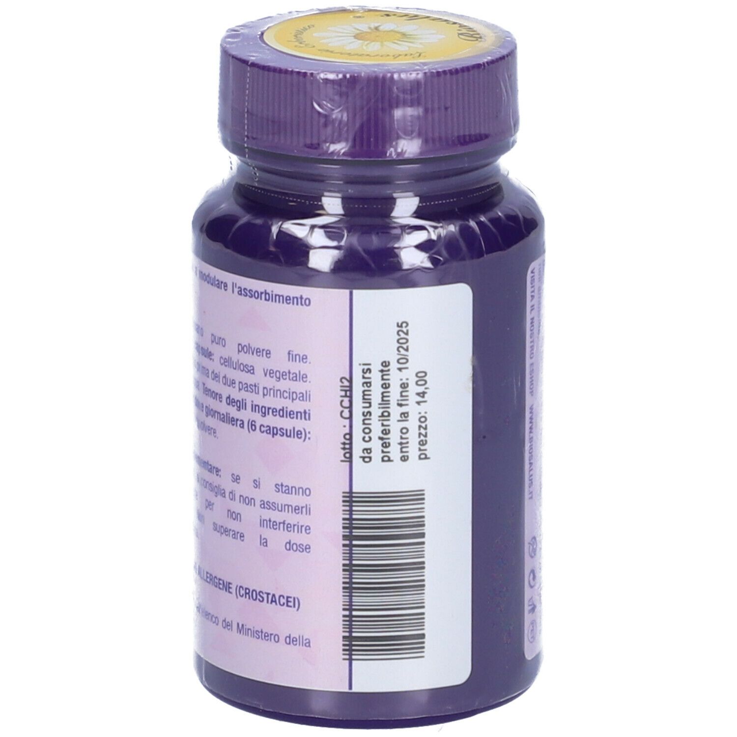 Flacone di capsule Chitosano. Retro con testo. Tappo e collo viola.