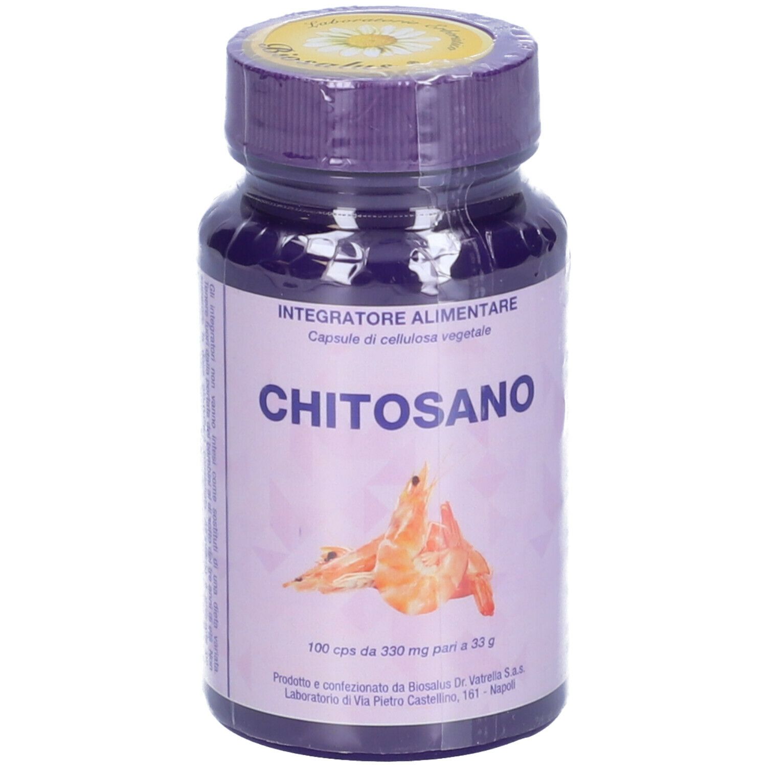 Flacone di capsule Chitosano. Scritta Chitosano, 100 capsule. Illustrazione di gamberi.