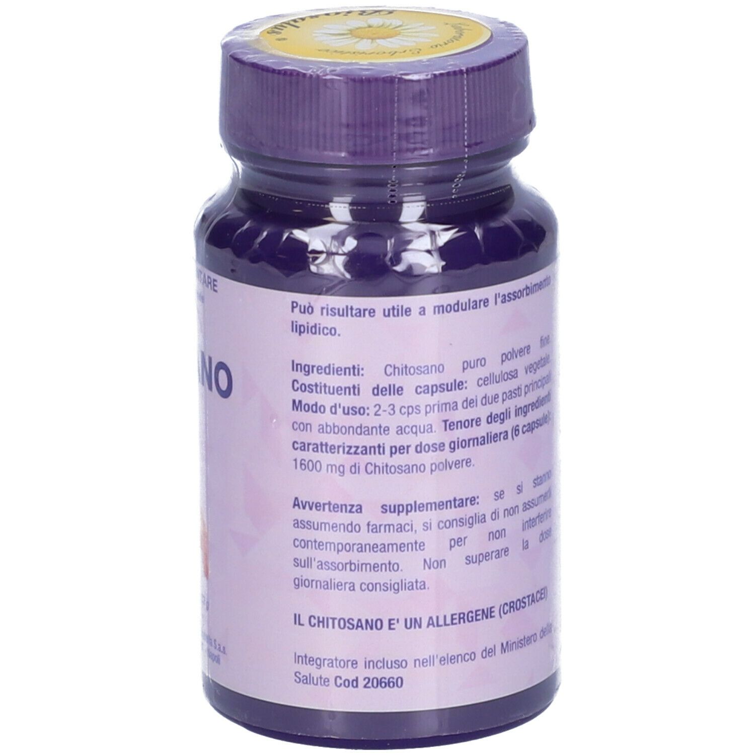 Flacone di capsule Chitosano. Retro con testo. Tappo e collo viola.