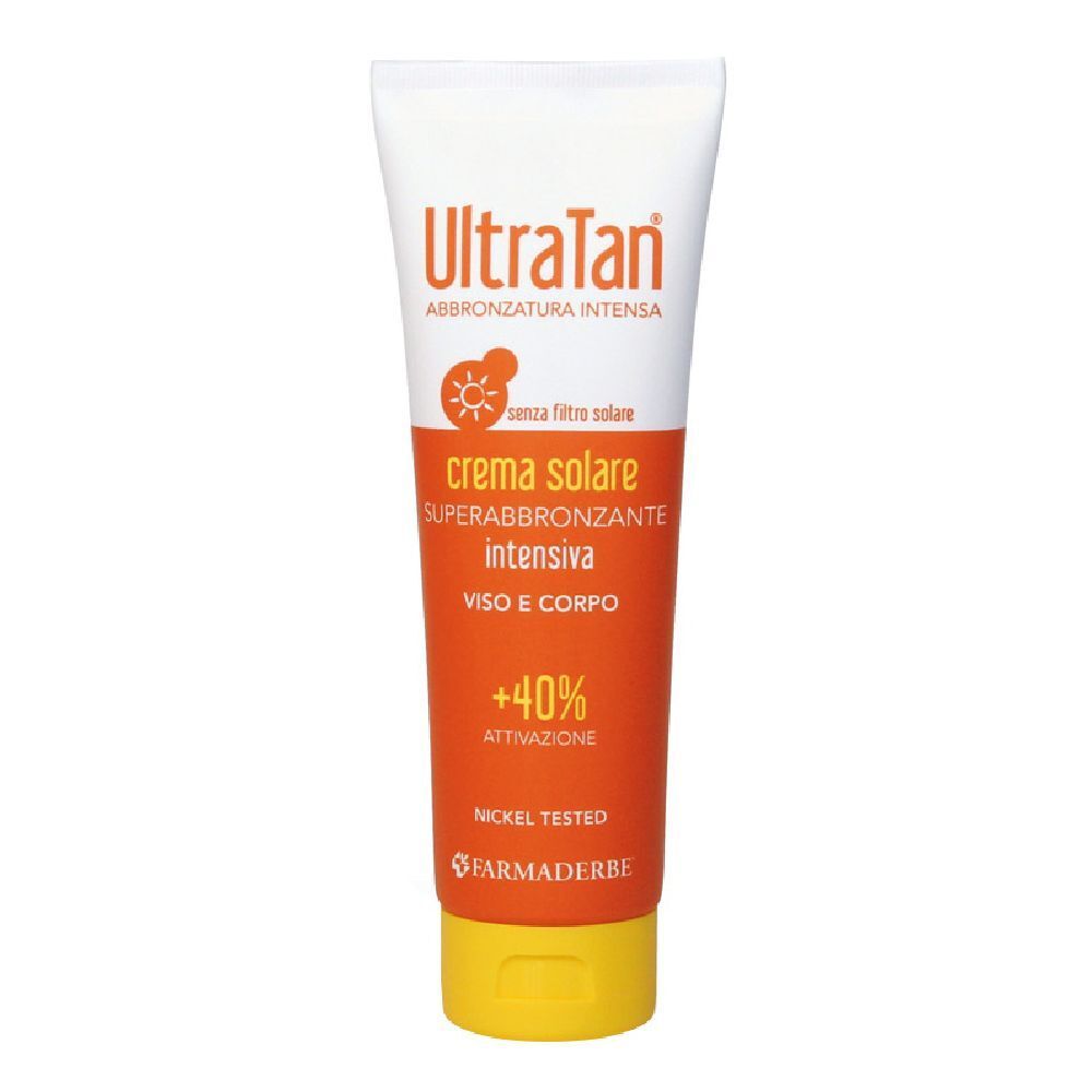 Tubo crema. Logo "UltraTan". Testo "Crema solare superabbronzante intensiva". Testo "+40% attivazione". Design arancione e giallo.