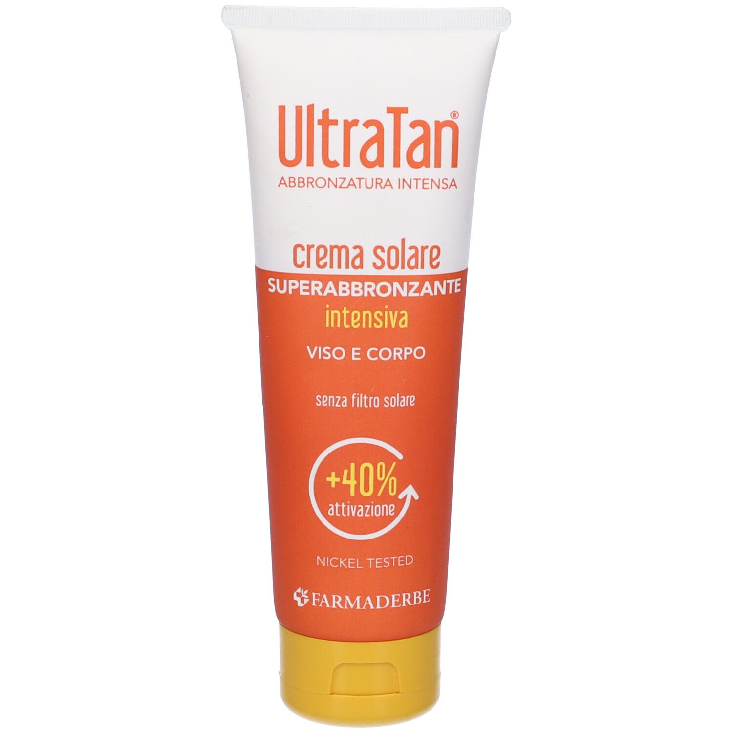 Tubo crema. Logo "UltraTan". Testo "Crema solare superabbronzante intensiva". Testo "+40% attivazione". Design arancione e giallo.