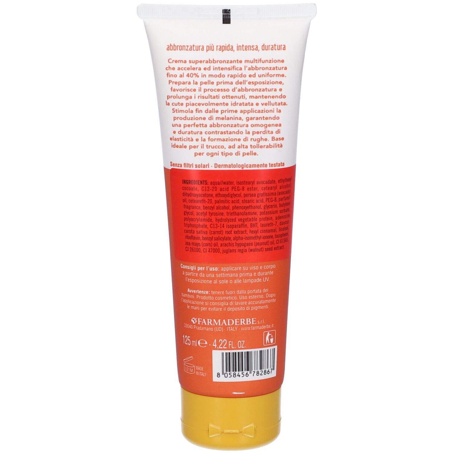 Retro del tubo crema. Testo e ingredienti. Area arancione. Chiusura gialla. "125 ml" e codice a barre.