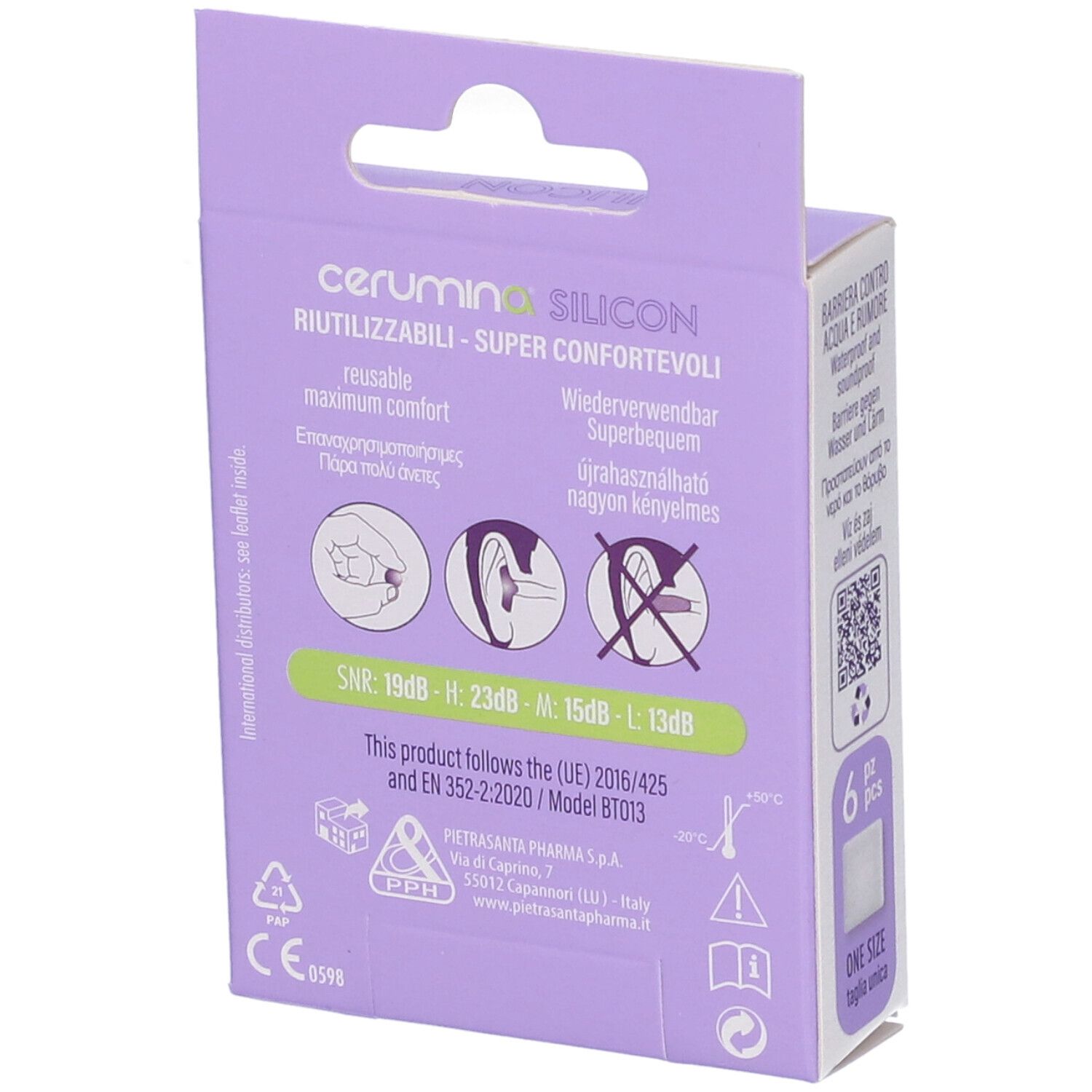 Verpackung für Cerumina Silikon-Ohrstöpsel, wiederverwendbar, mit SNR-Werten und CE-Kennzeichnung.