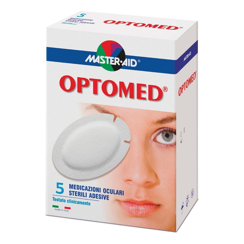 Verpackung mit Augenpflastern. Marke Optomed, Master-Aid. 5 sterile Augenverbände. Aufdruck: Testato clinicamente.