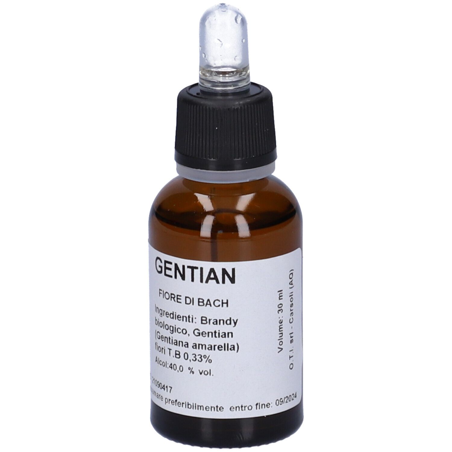 Flacone di vetro marrone con tappo nero e contagocce. Etichetta con nome, ingredienti e volume.