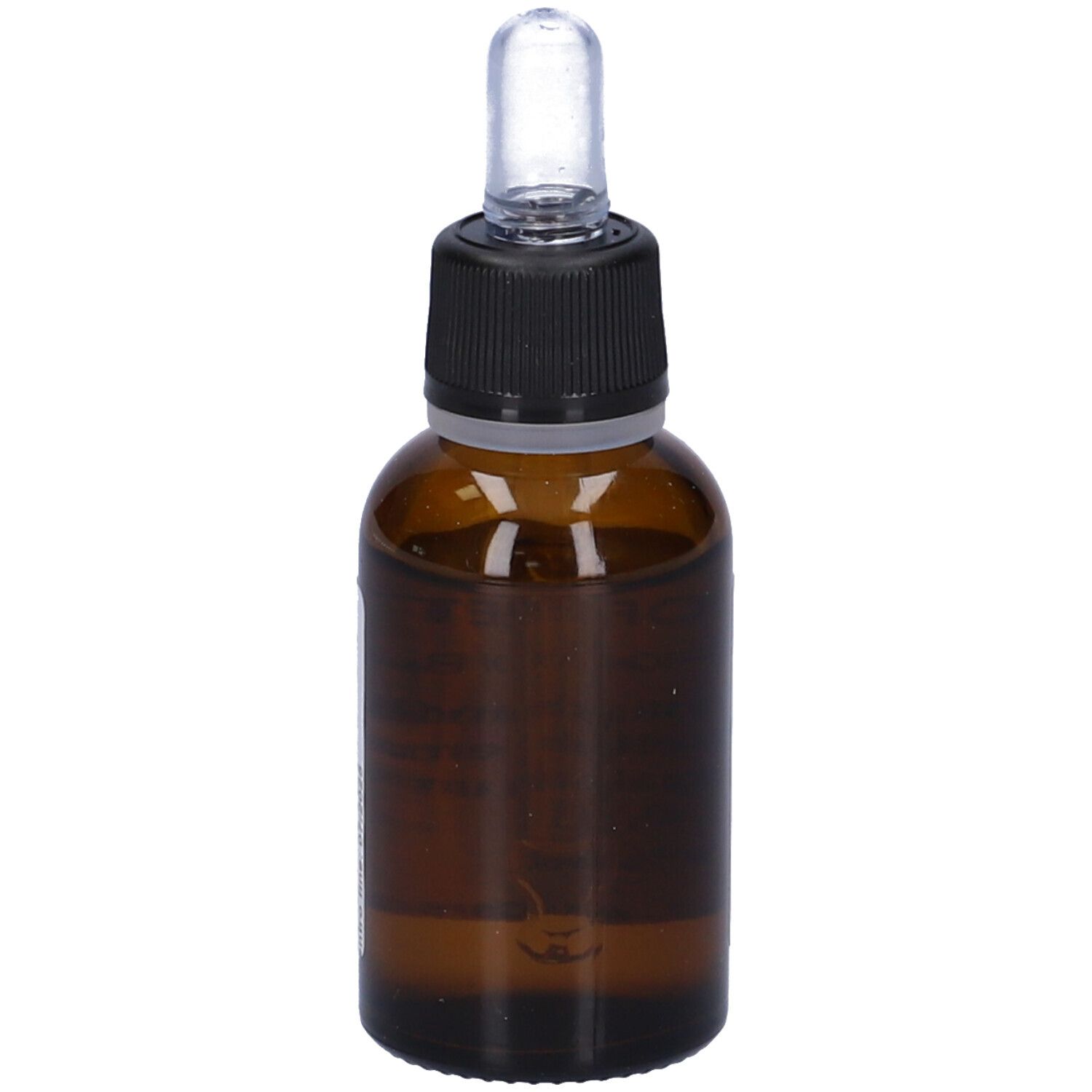 Flacone di vetro marrone con tappo nero e contagocce. Etichetta con informazioni sul prodotto. Liquido visibile.