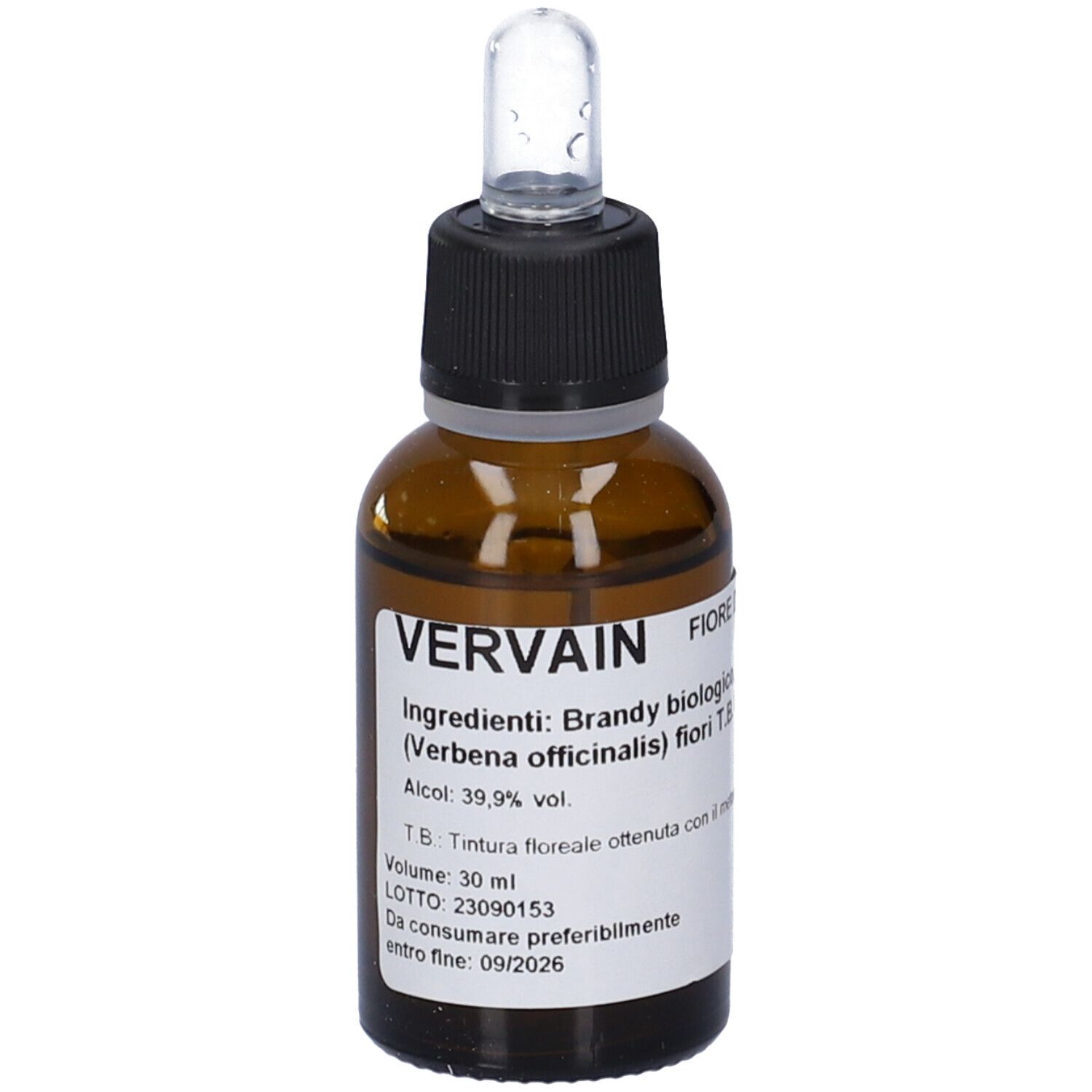 Flacone di vetro marrone con contagocce. Etichetta con informazioni sul prodotto. "Vervain" e ingredienti visibili.