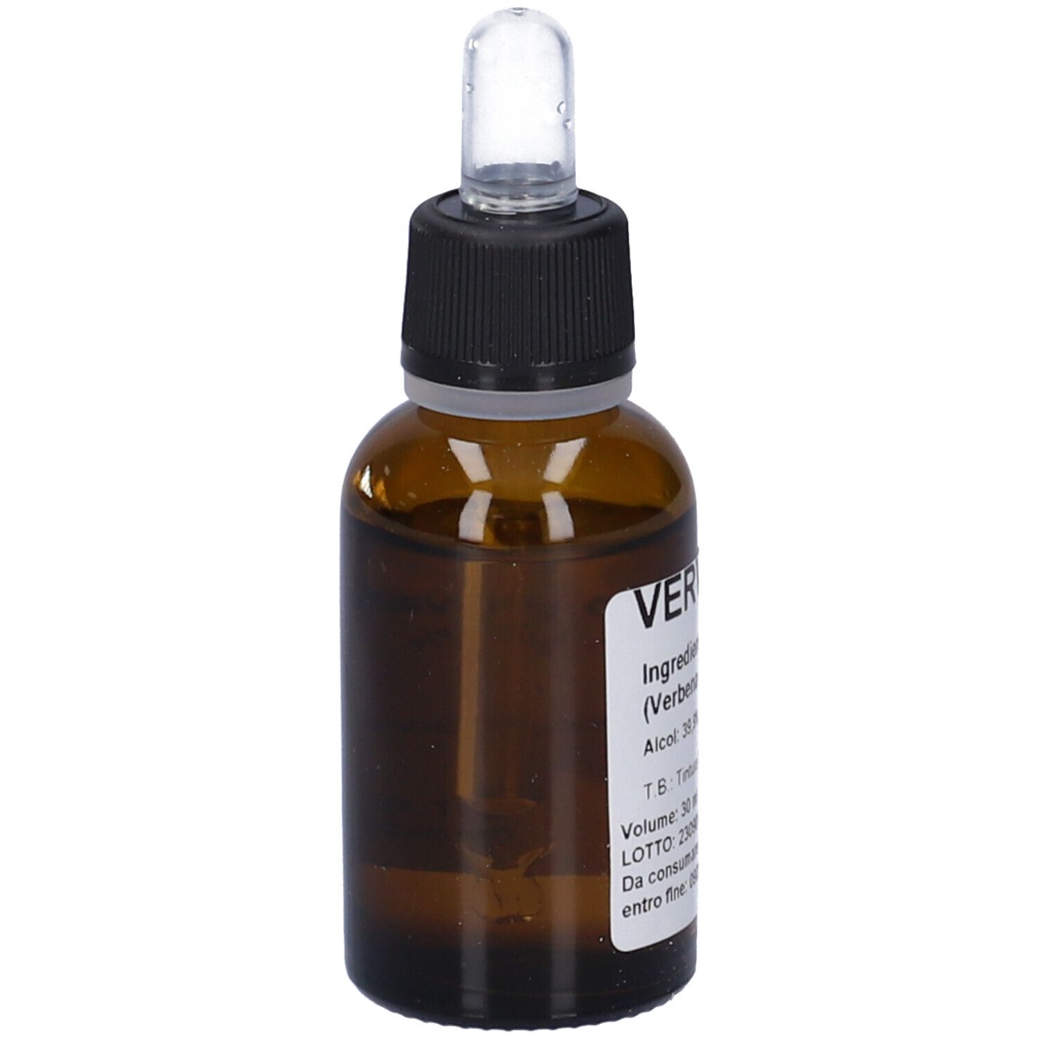 Flacone di vetro marrone con contagocce. Etichetta con informazioni sul prodotto. "Vervain" e ingredienti visibili.
