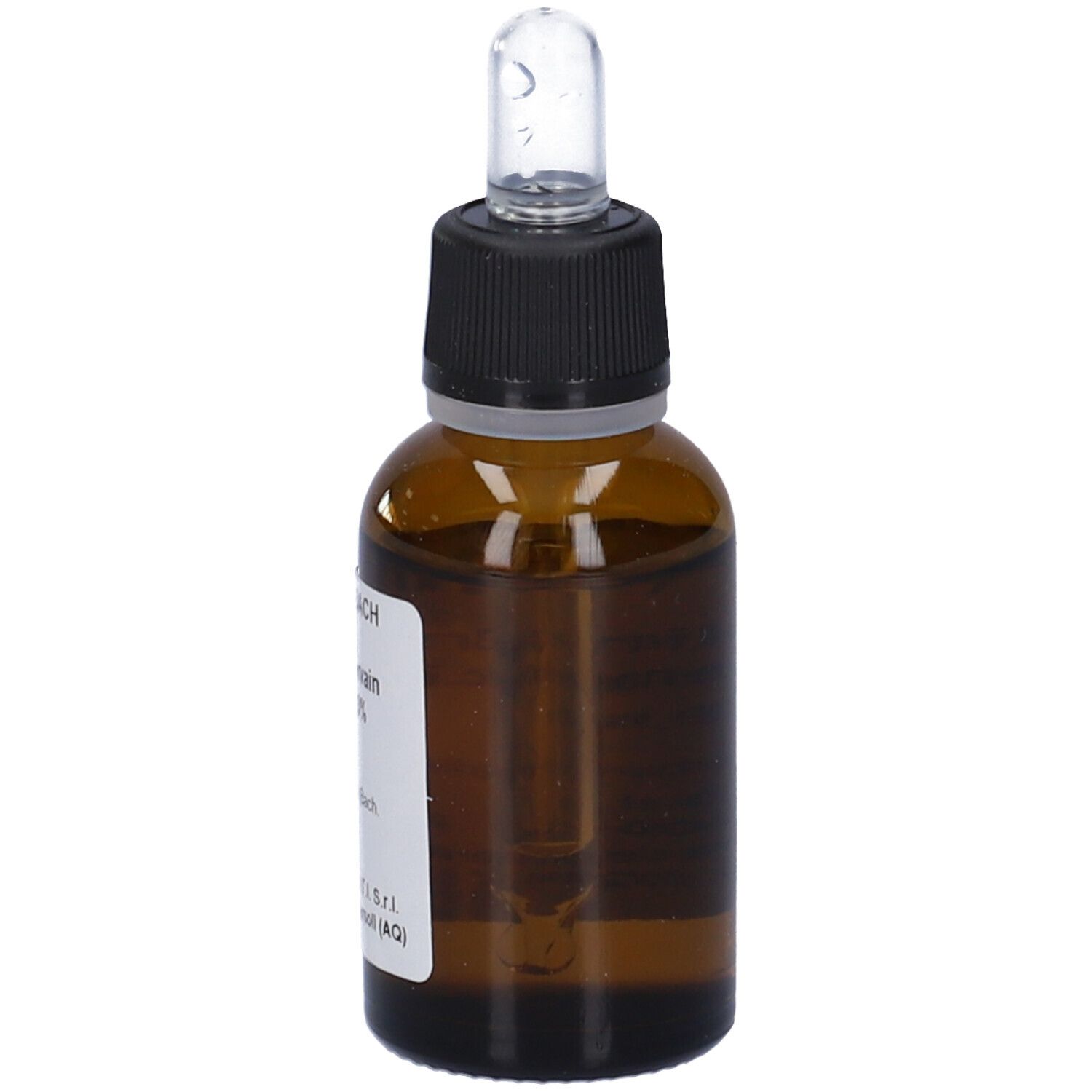 Flacone di vetro marrone con contagocce. Etichetta con informazioni sul prodotto. "Vervain" e ingredienti visibili.