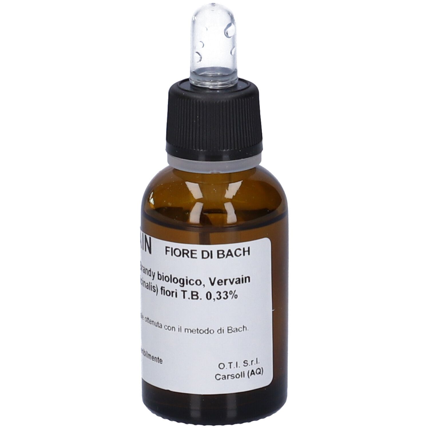Flacone di vetro marrone con contagocce. Etichetta con informazioni sul prodotto. "Vervain" e ingredienti visibili.