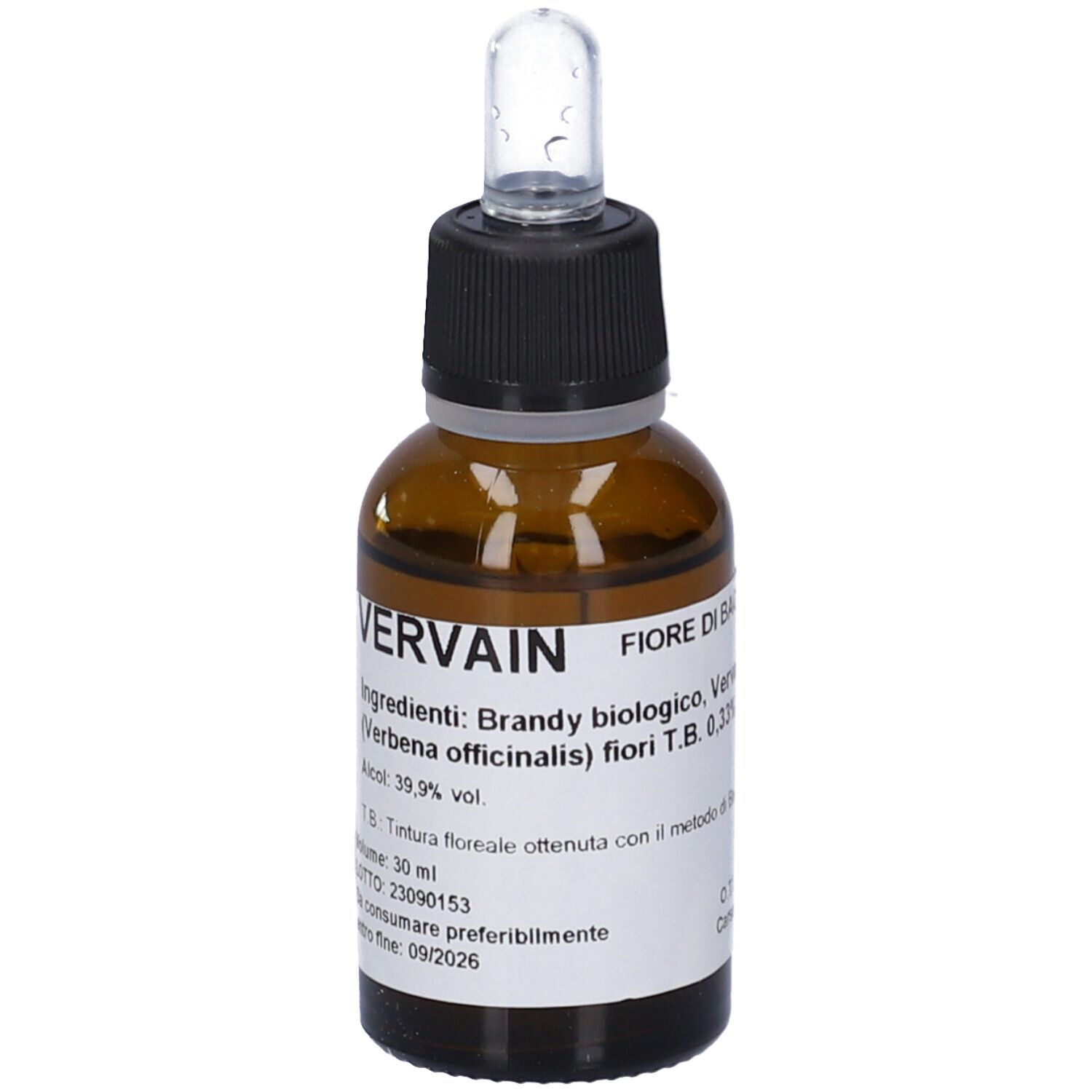 Flacone di vetro marrone con contagocce. Etichetta con informazioni sul prodotto. "Vervain" e ingredienti visibili.