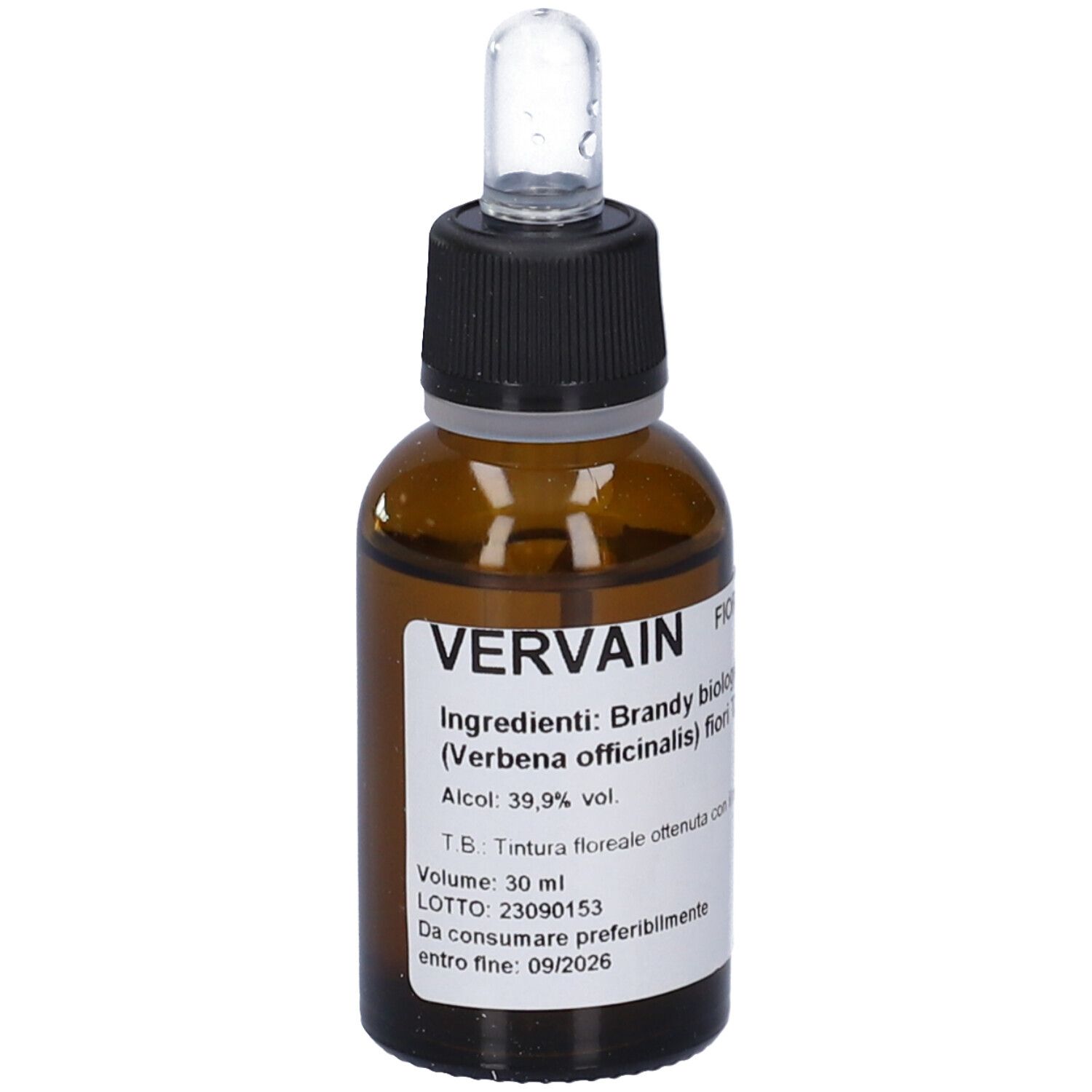 Flacone di vetro marrone con contagocce. Etichetta con informazioni sul prodotto. "Vervain" e ingredienti visibili.