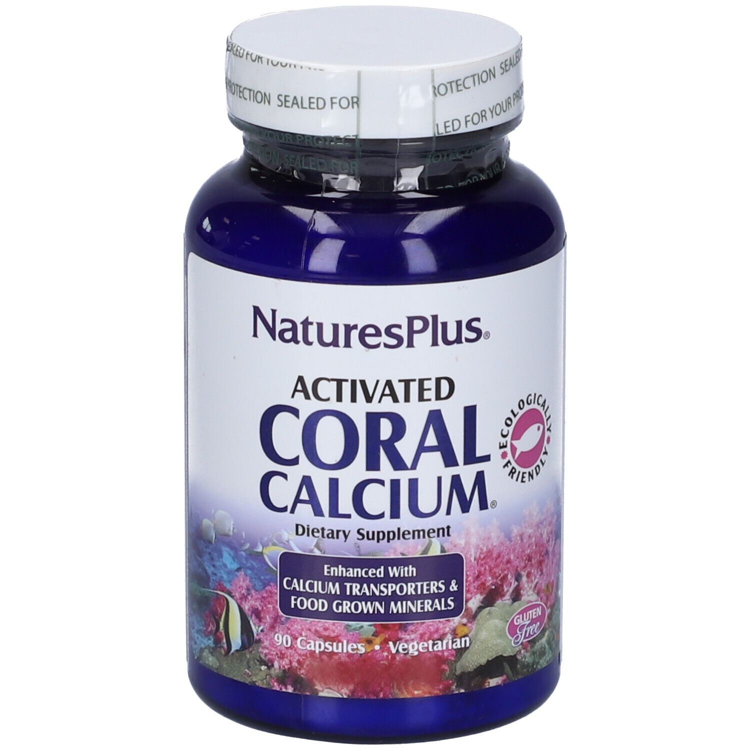 Bottiglia blu con coperchio bianco. Scritto: Activated Coral Calcium, 90 capsule. Marchio: Natures Plus. Senza glutine.
